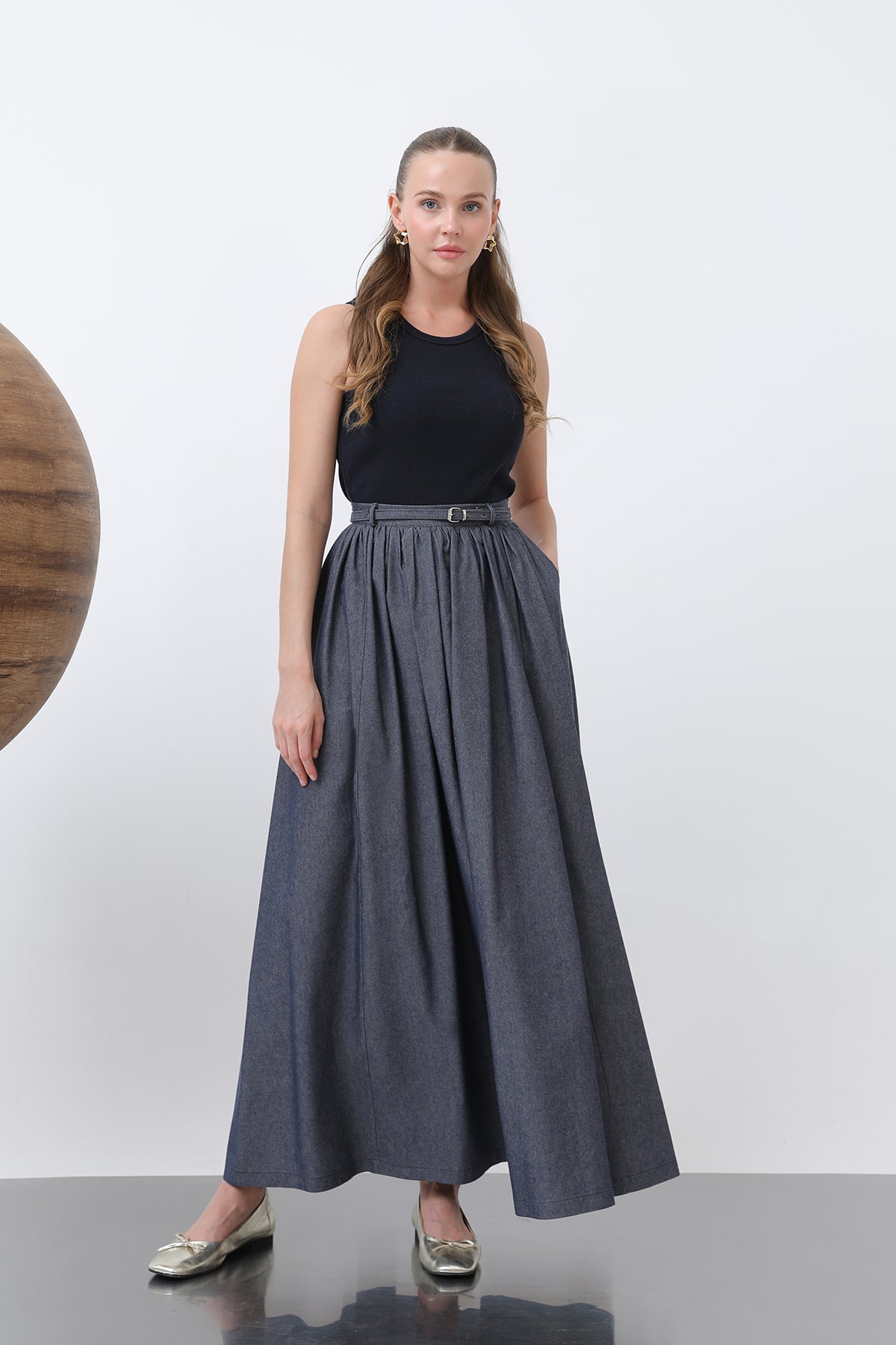 Kadın Belden Büzgülü Kemer Detaylı Denim Etek - 20649ETK INDIGO