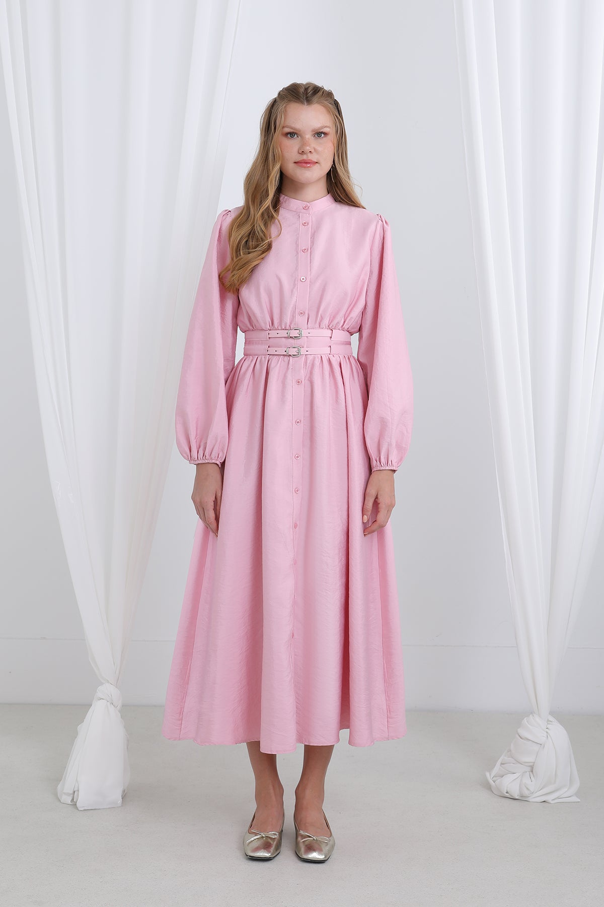 Kadın Çift Kemerli Hakim Yaka Elbise - 20658ELB PINK