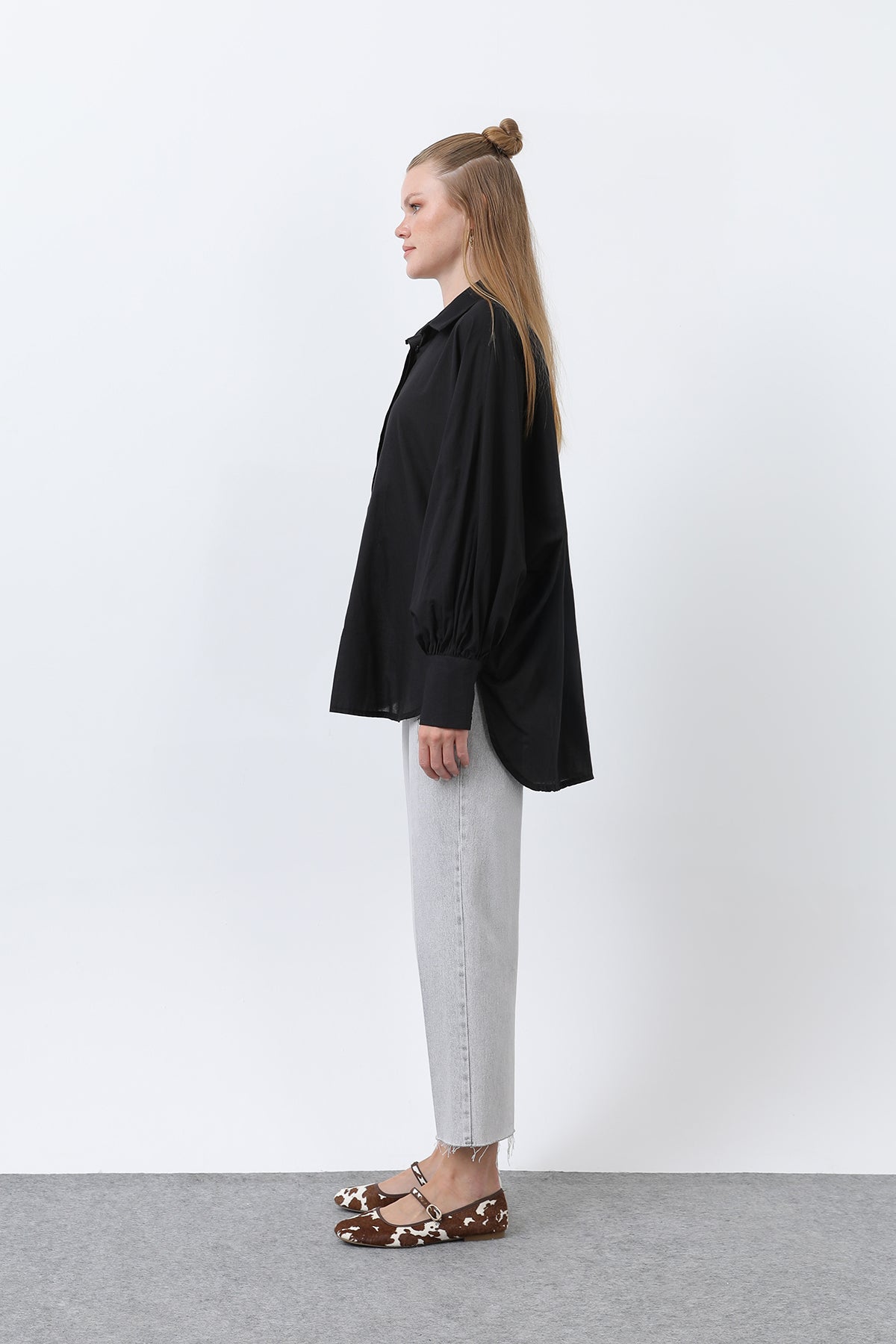 Kadın Volanlı Oversize Pamuk Poplin Gömlek-20665GML BLACK