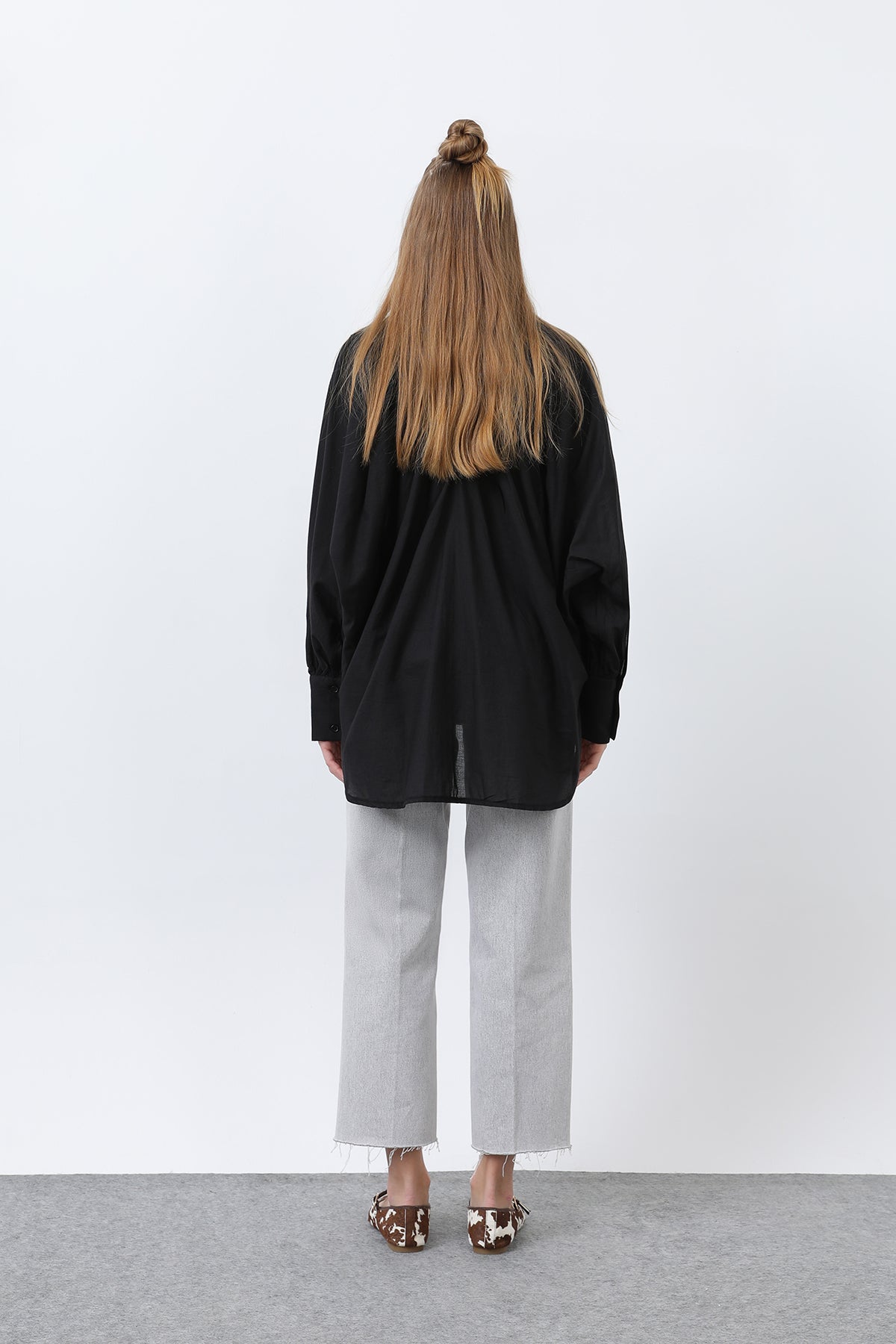 Kadın Volanlı Oversize Pamuk Poplin Gömlek-20665GML BLACK