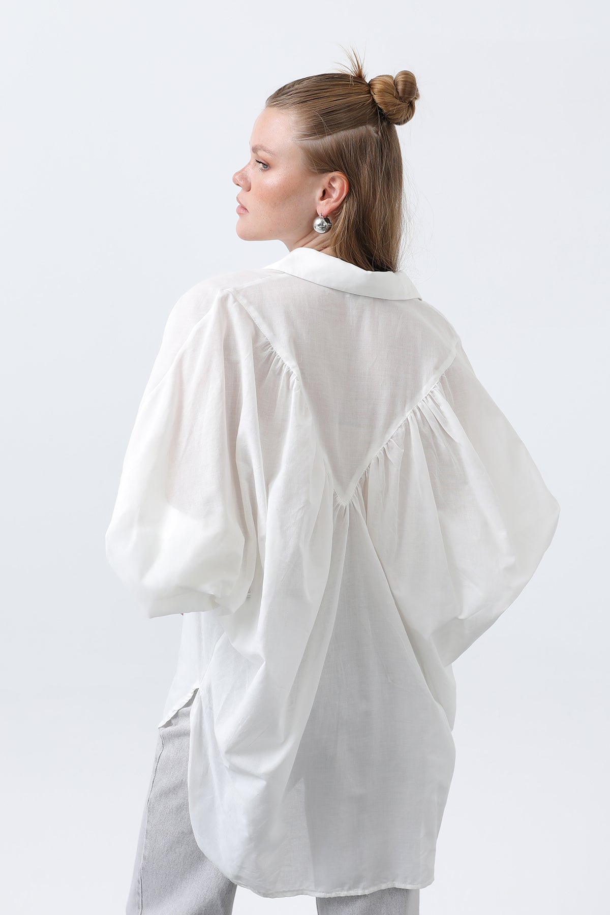 Kadın Volanlı Oversize Pamuk Poplin Gömlek-20665GML ECRU