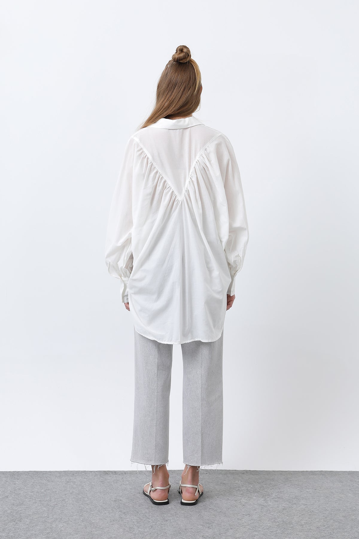 Kadın Volanlı Oversize Pamuk Poplin Gömlek-20665GML ECRU