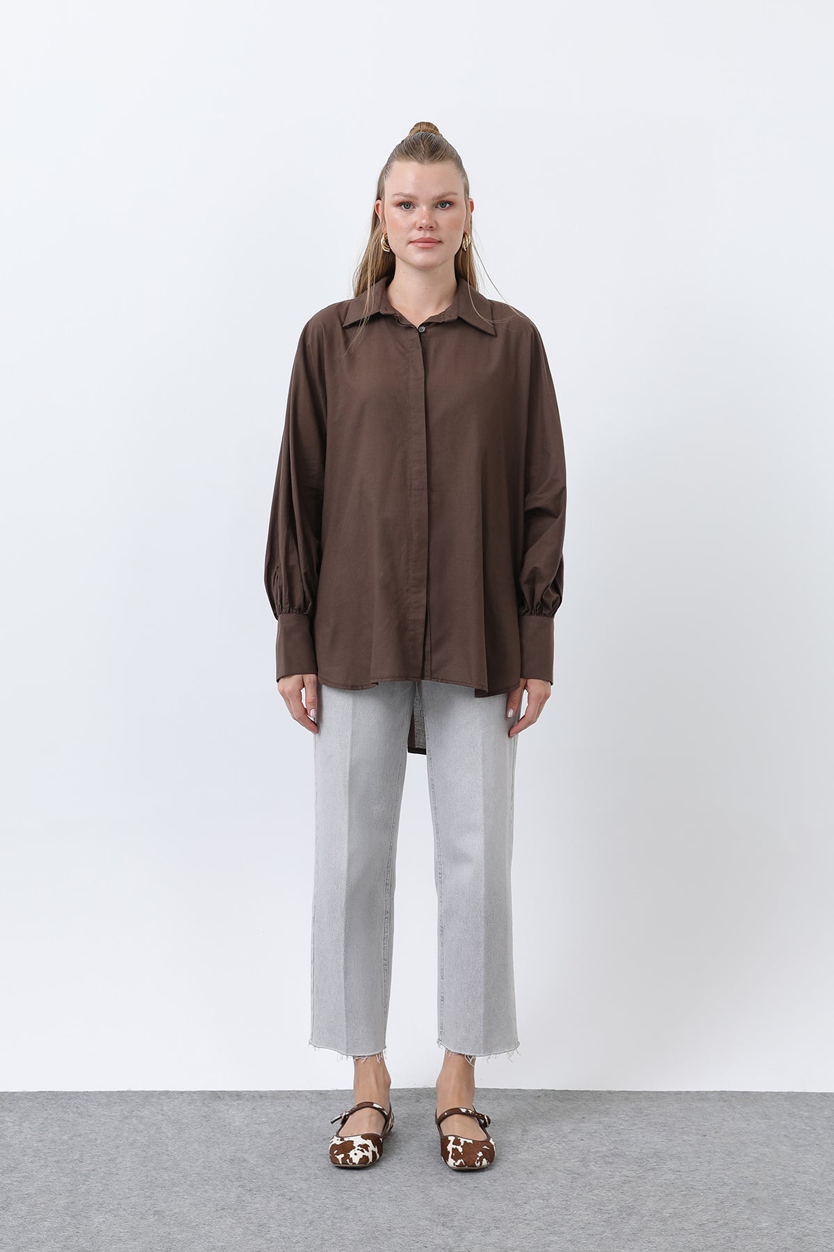 Kadın Volanlı Oversize Pamuk Poplin Gömlek-20665GML BROWN