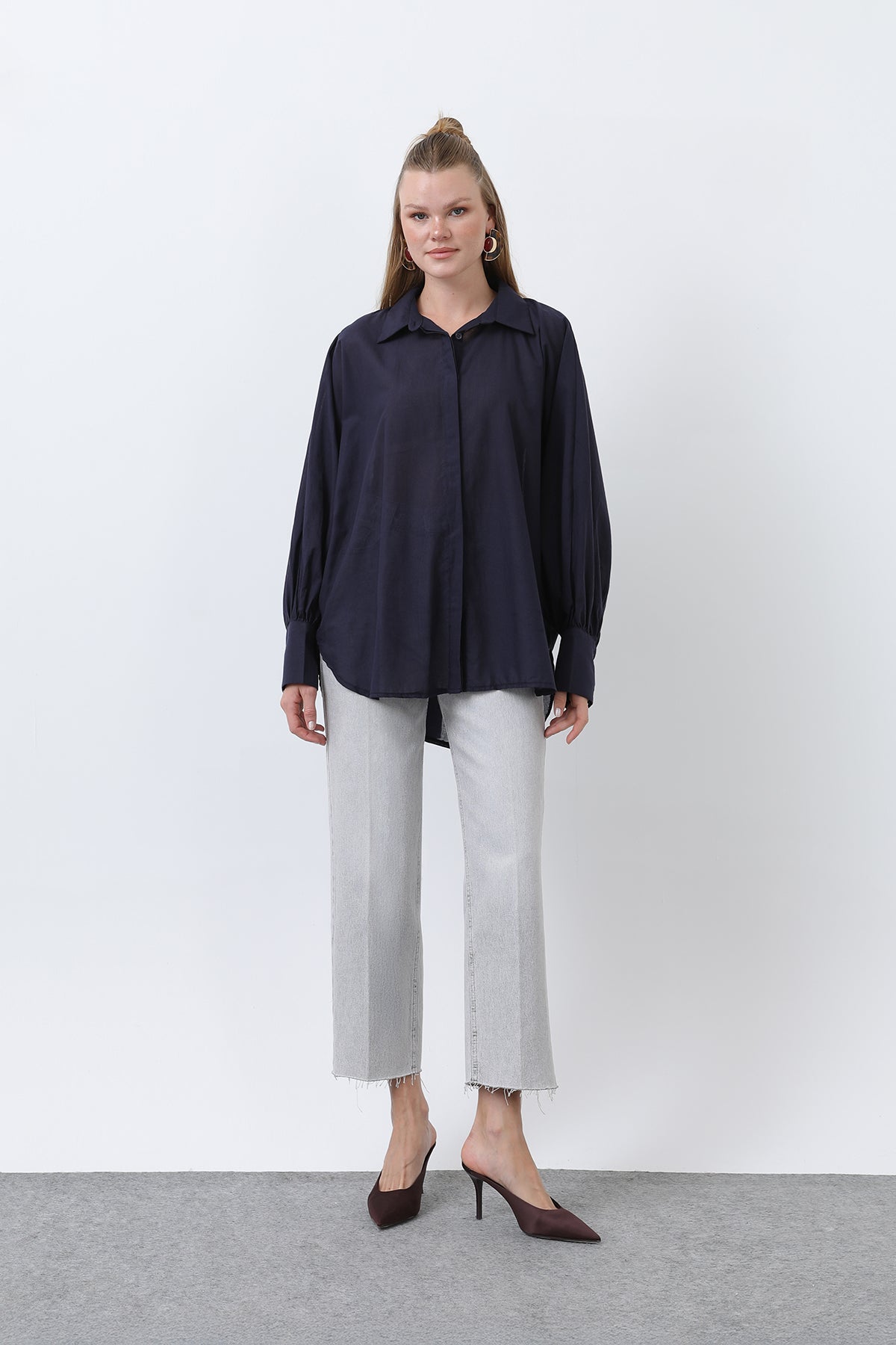 Kadın Volanlı Oversize Pamuk Poplin Gömlek-20665GML NAVY