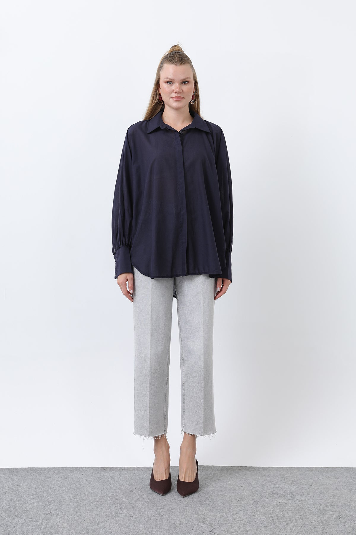 Kadın Volanlı Oversize Pamuk Poplin Gömlek-20665GML NAVY