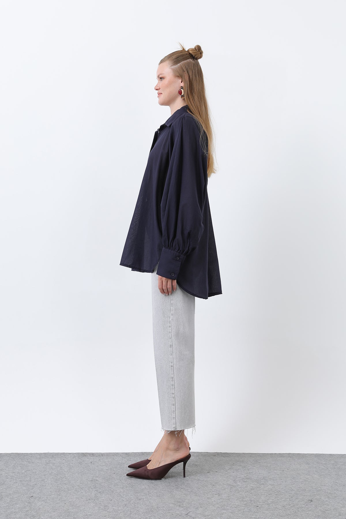 Kadın Volanlı Oversize Pamuk Poplin Gömlek-20665GML NAVY