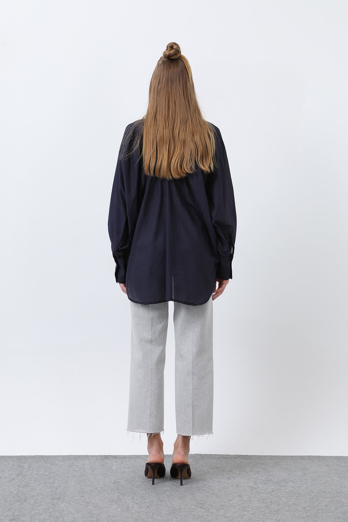 Kadın Volanlı Oversize Pamuk Poplin Gömlek-20665GML NAVY