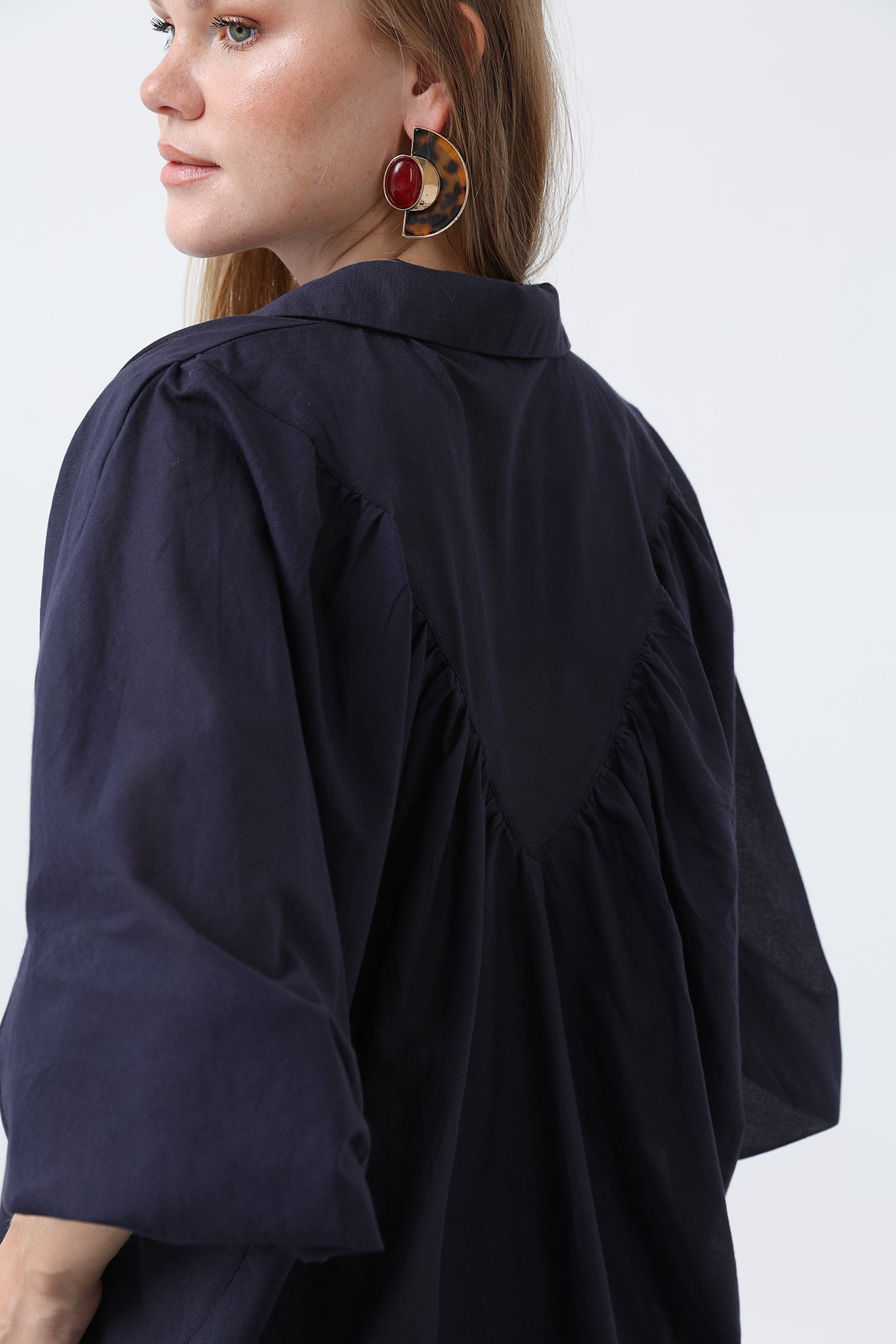 Kadın Volanlı Oversize Pamuk Poplin Gömlek-20665GML NAVY
