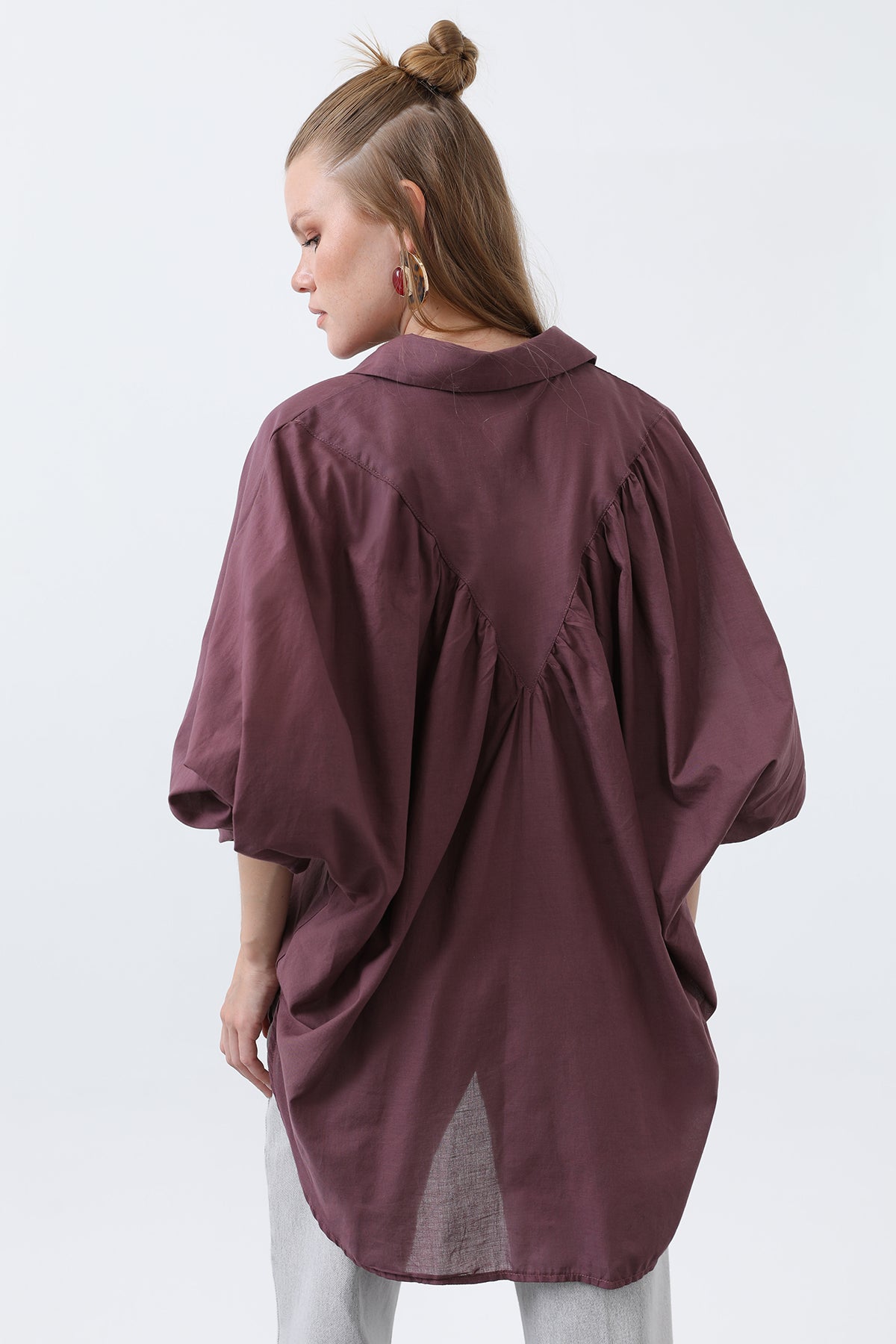Kadın Volanlı Oversize Pamuk Poplin Gömlek-20665GML ALMOND GREEN