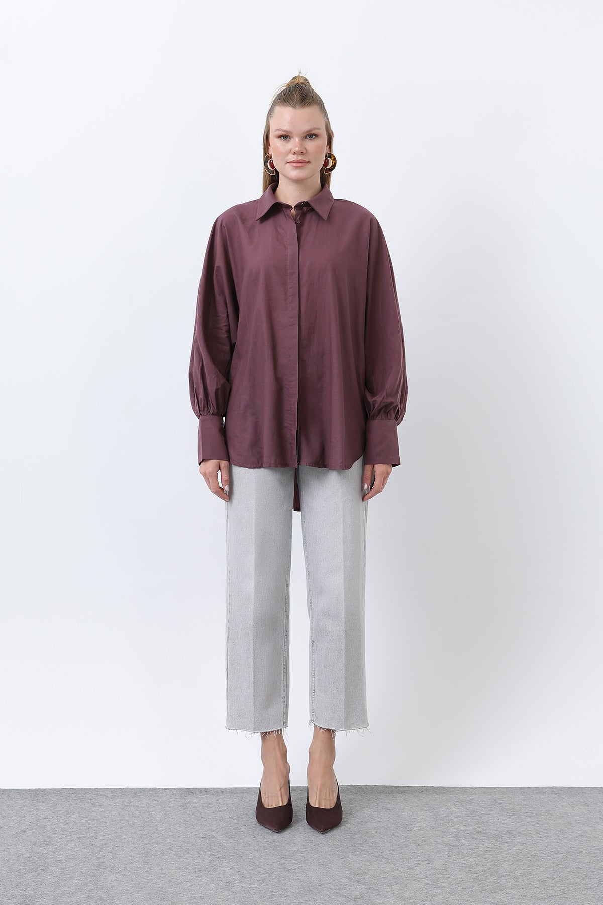 Kadın Volanlı Oversize Pamuk Poplin Gömlek-20665GML ALMOND GREEN
