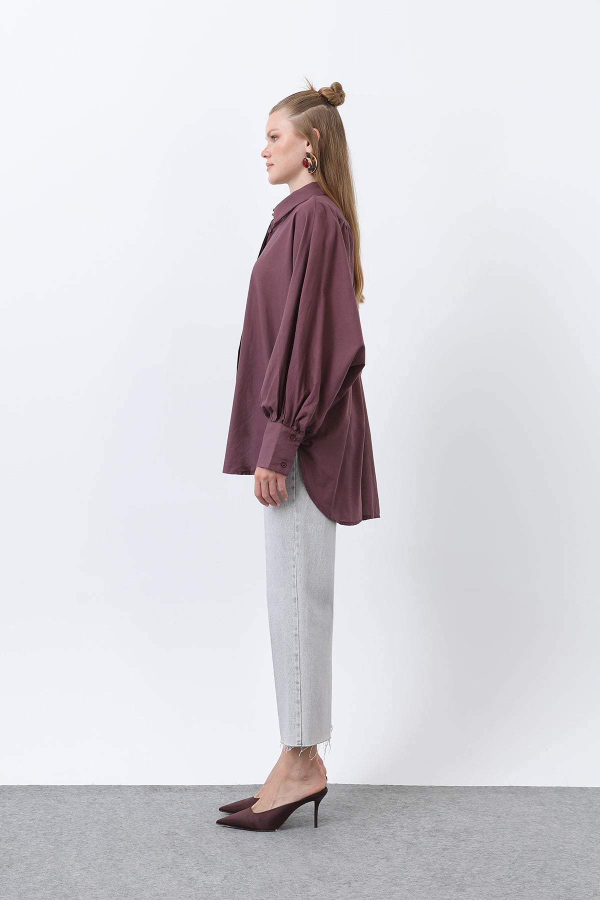 Kadın Volanlı Oversize Pamuk Poplin Gömlek-20665GML ALMOND GREEN