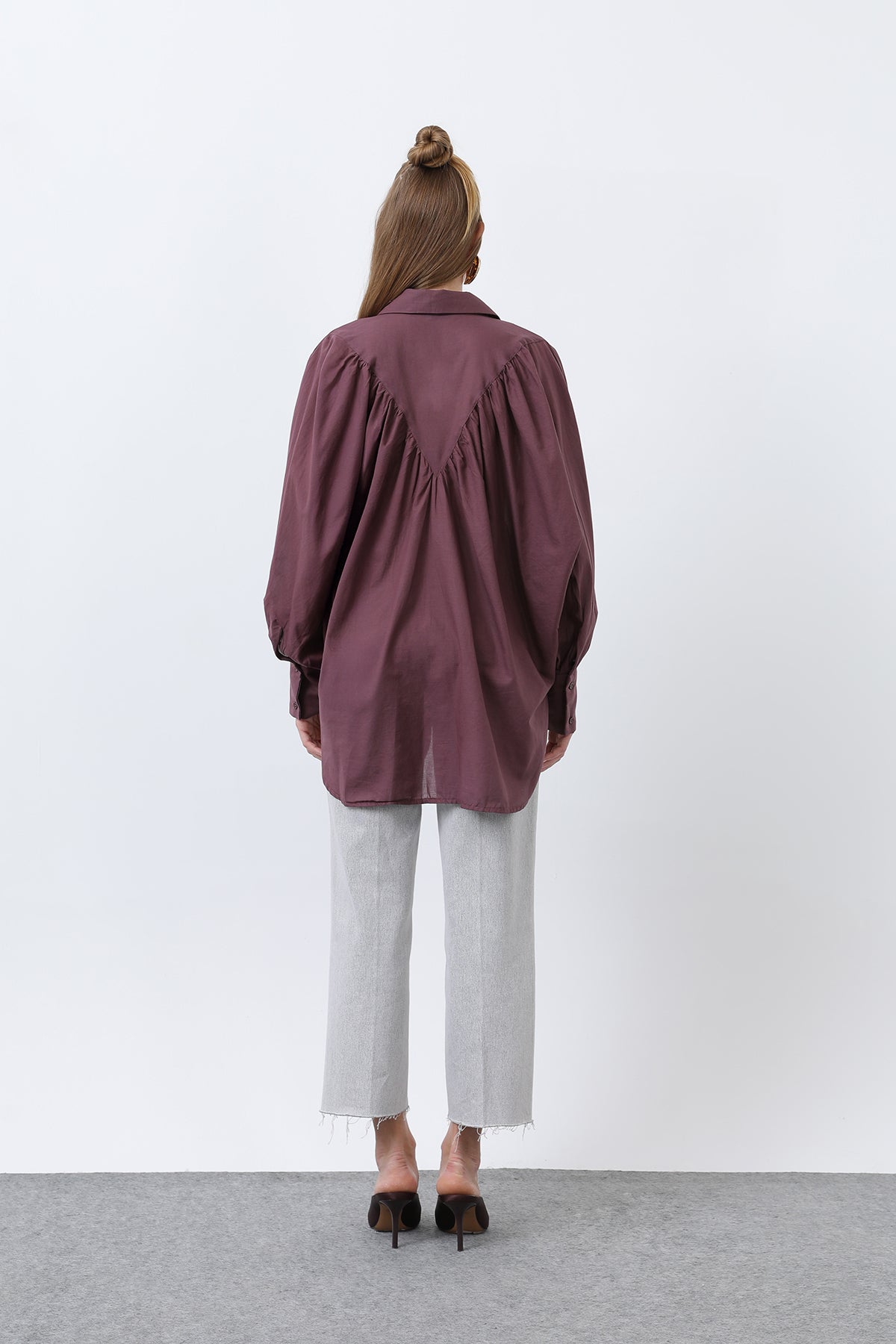 Kadın Volanlı Oversize Pamuk Poplin Gömlek-20665GML ALMOND GREEN