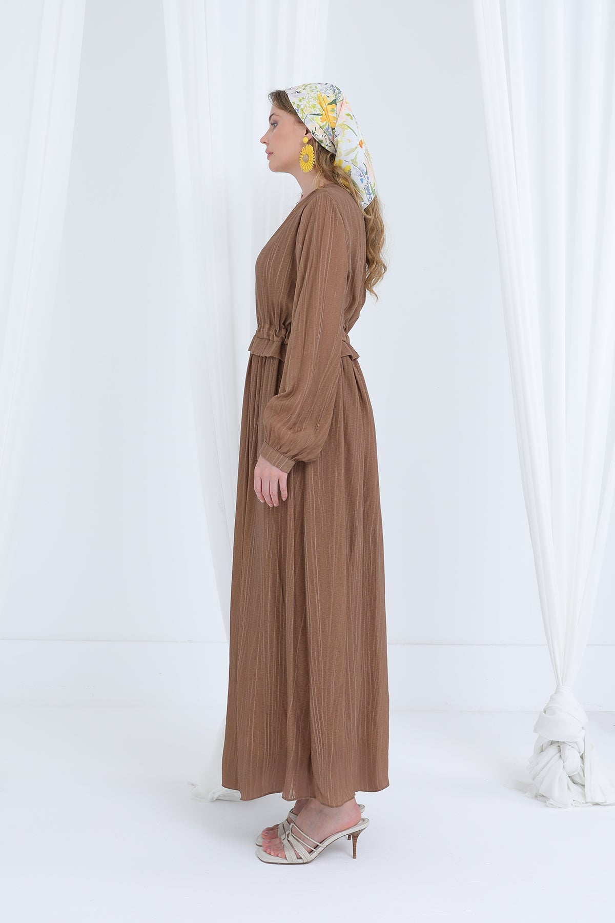 Kadın Beli Büzgülü Uzun Elbise -20666ELB BROWN