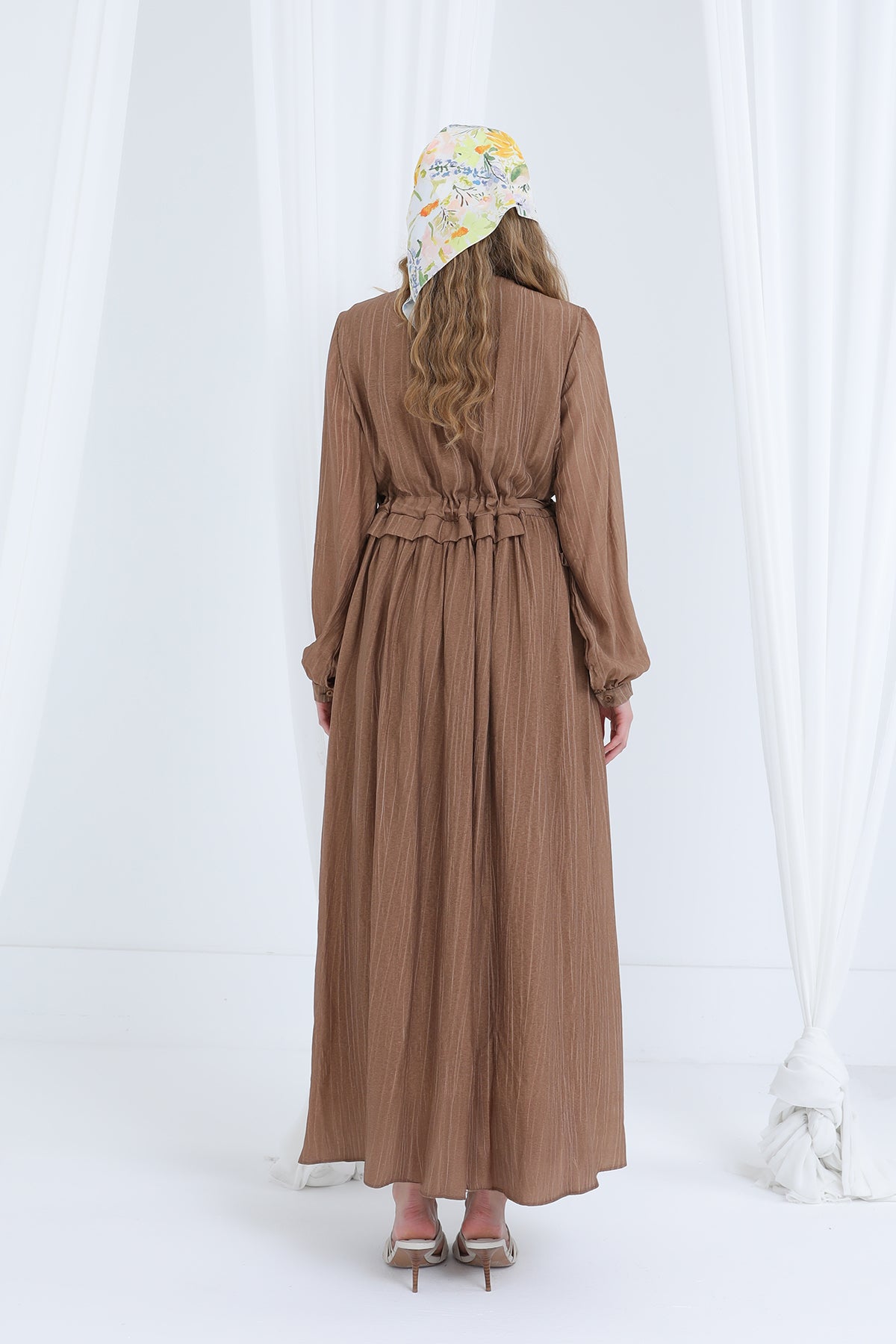 Kadın Beli Büzgülü Uzun Elbise -20666ELB BROWN