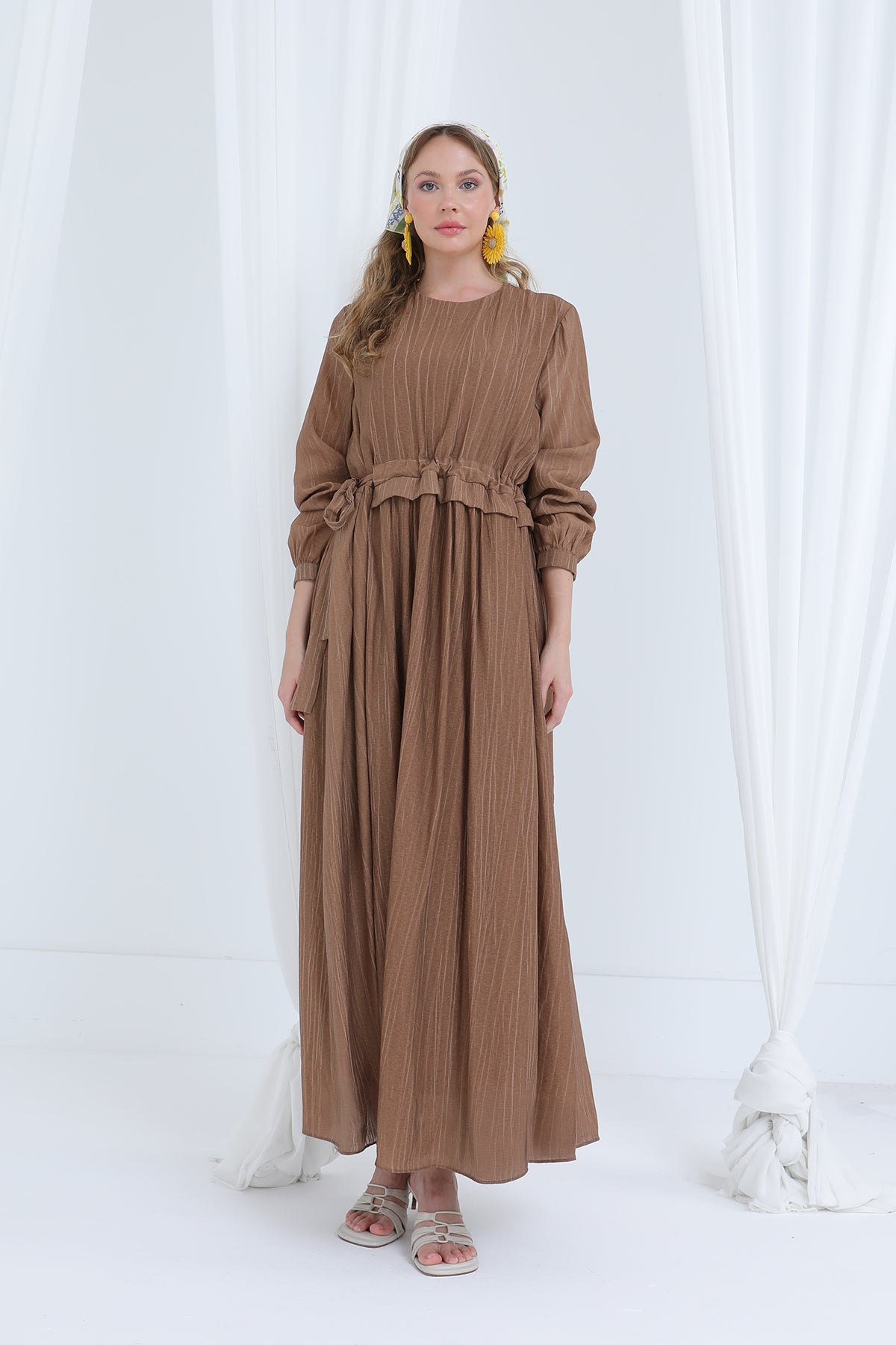 Kadın Beli Büzgülü Uzun Elbise -20666ELB BROWN