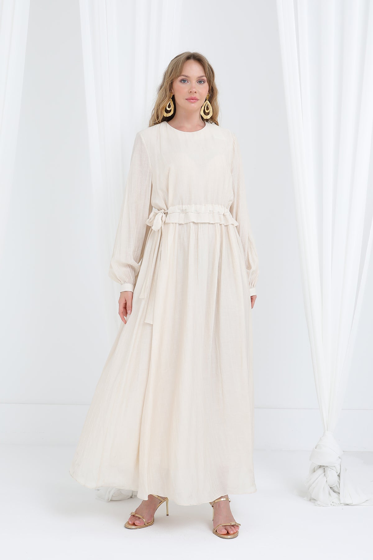 Kadın Beli Büzgülü Uzun Elbise -20666ELB BEIGE