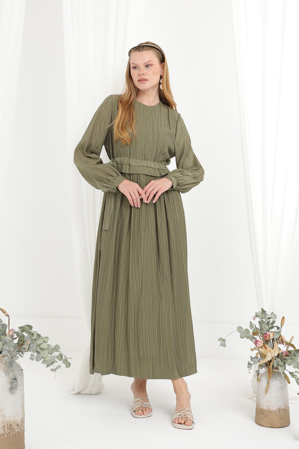 Kadın Beli Büzgülü Uzun Elbise -20666ELB KHAKI