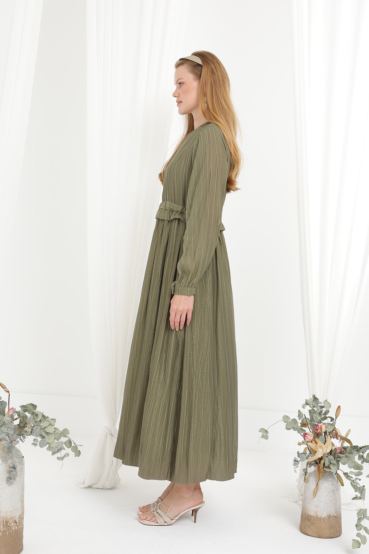 Kadın Beli Büzgülü Uzun Elbise -20666ELB KHAKI