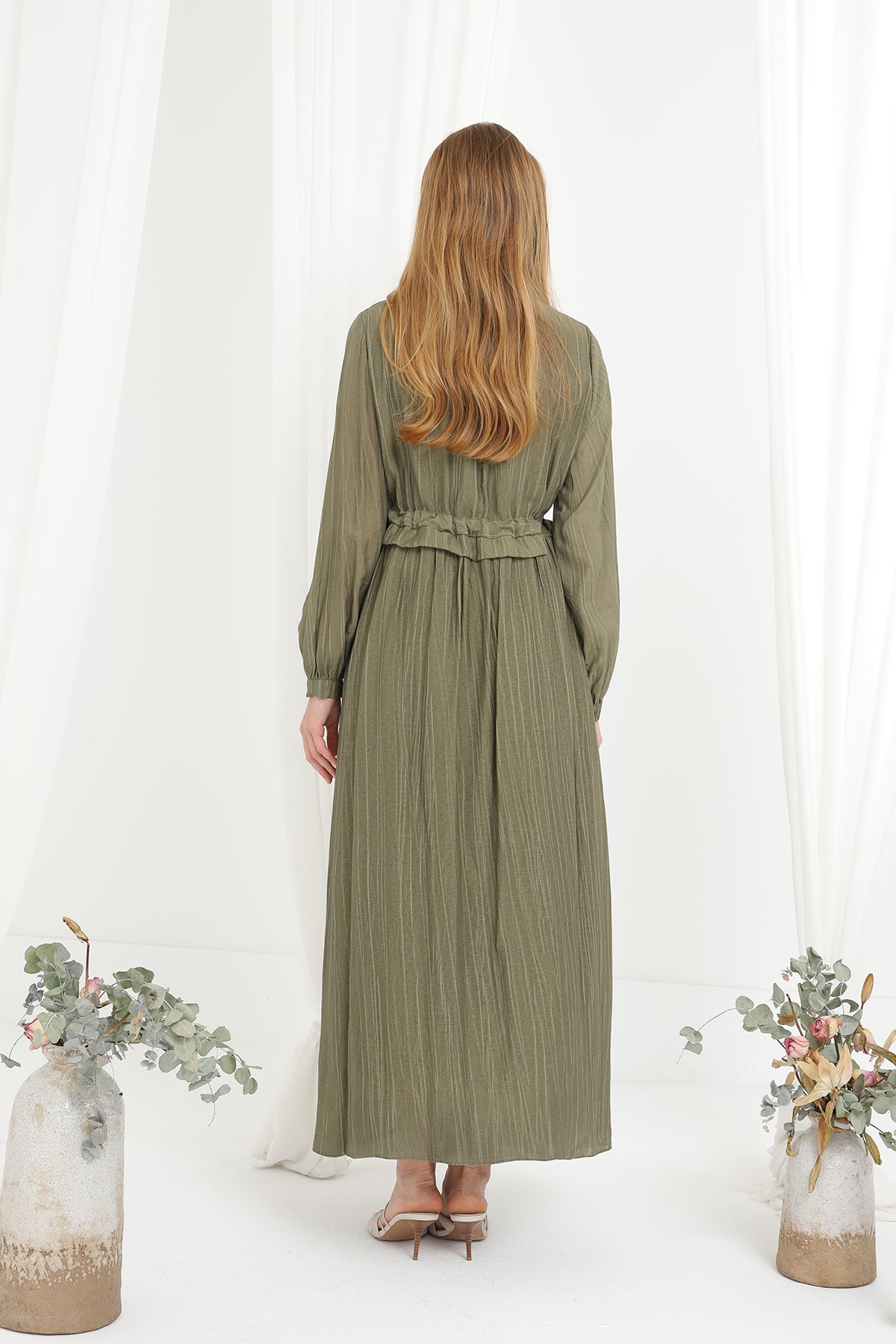 Kadın Beli Büzgülü Uzun Elbise -20666ELB KHAKI