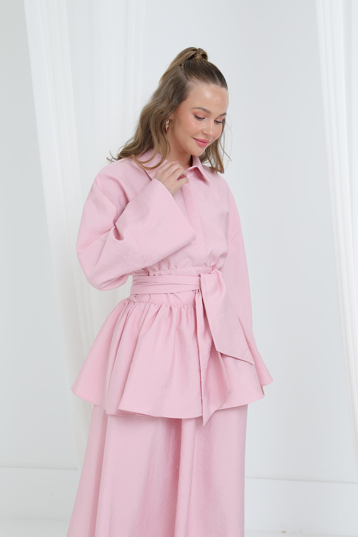 Kadın Luna Kuşaklı Minimal Etekli Takım -20682TKS PINK
