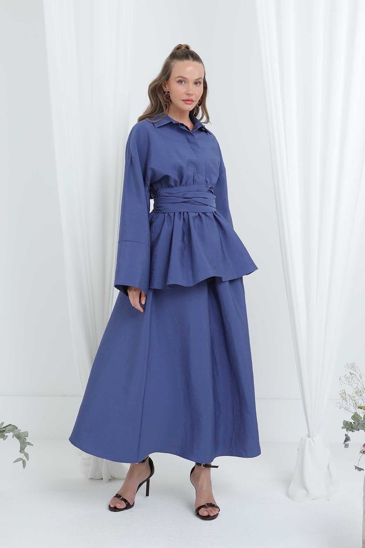 Kadın Luna Kuşaklı Minimal Etekli Takım -20682TKS INDIGO