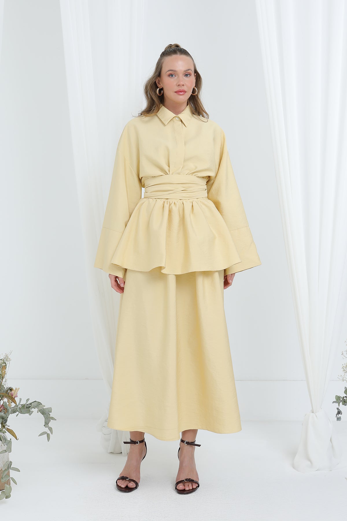 Kadın Luna Kuşaklı Minimal Etekli Takım -20682TKS YELLOW