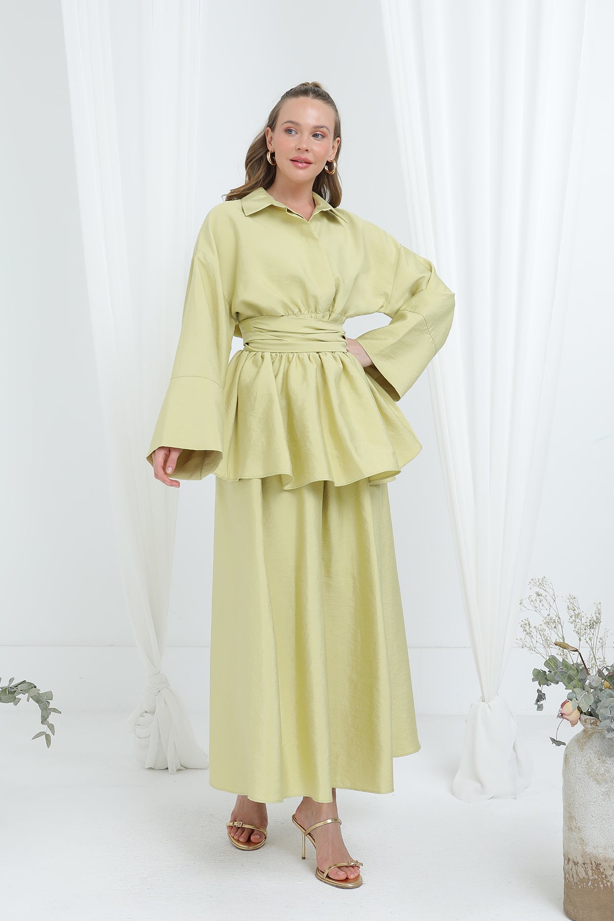 Kadın Luna Kuşaklı Minimal Etekli Takım -20682TKS OLIVE