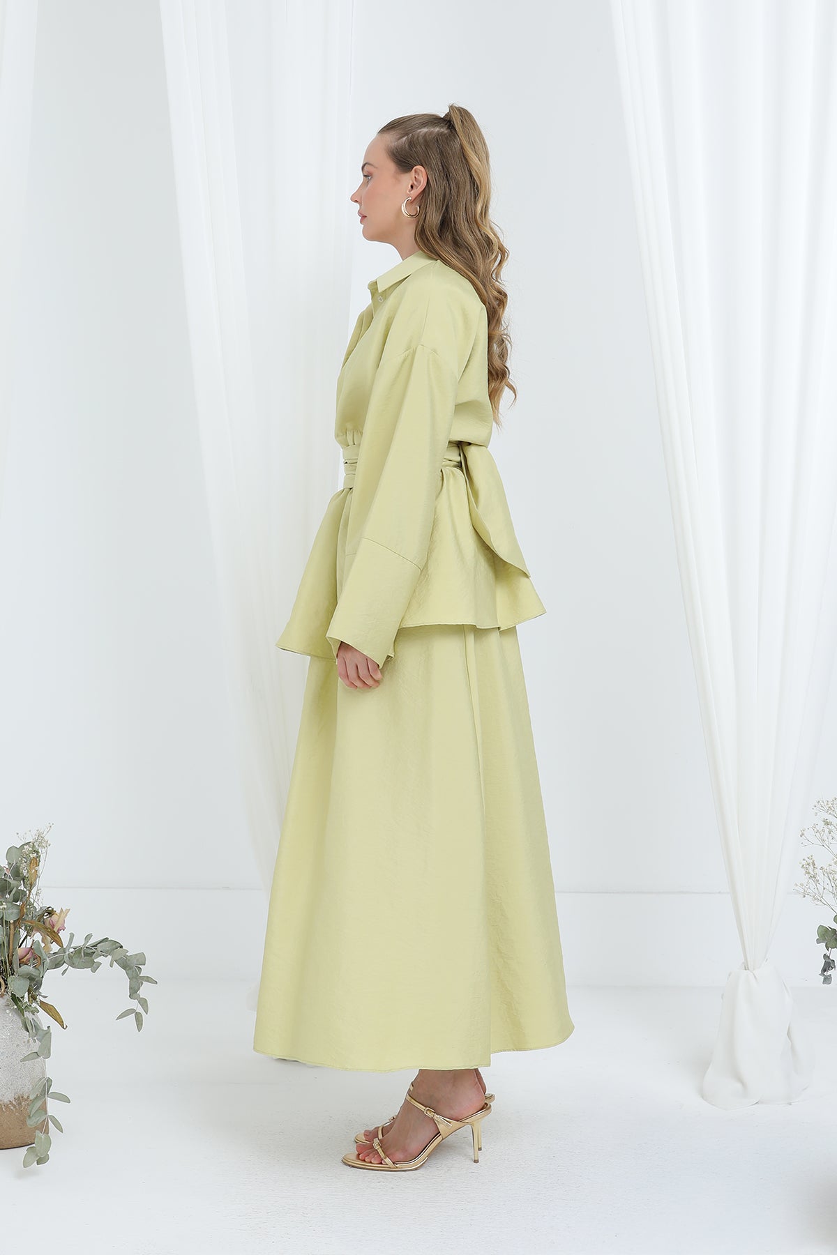 Kadın Luna Kuşaklı Minimal Etekli Takım -20682TKS OLIVE