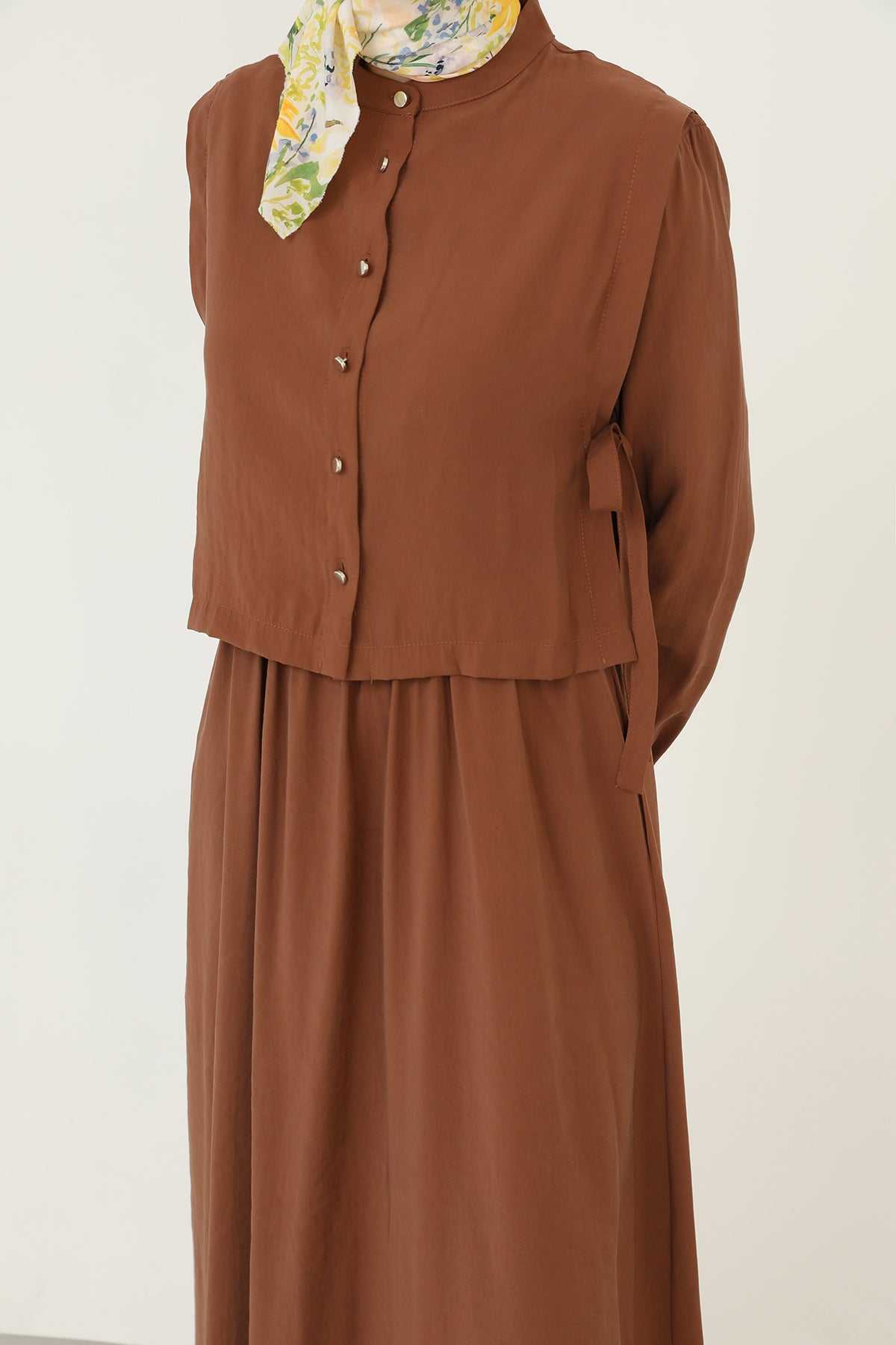 Kadın Minimal Düğmeli Kuşaklı Uzun Kollu Maxi Elbise-20691ELB BROWN