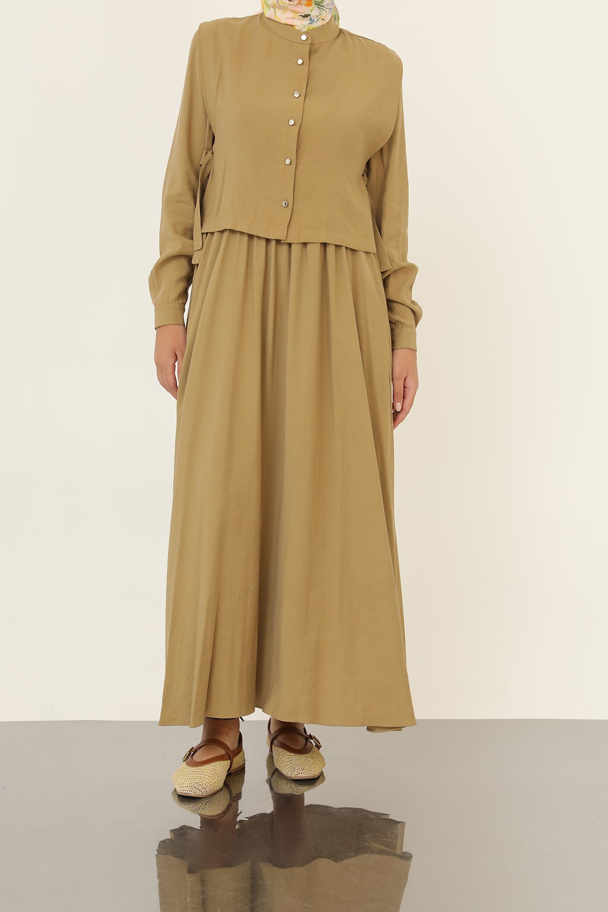 Kadın Minimal Düğmeli Kuşaklı Uzun Kollu Maxi Elbise-20691ELB OLIVE