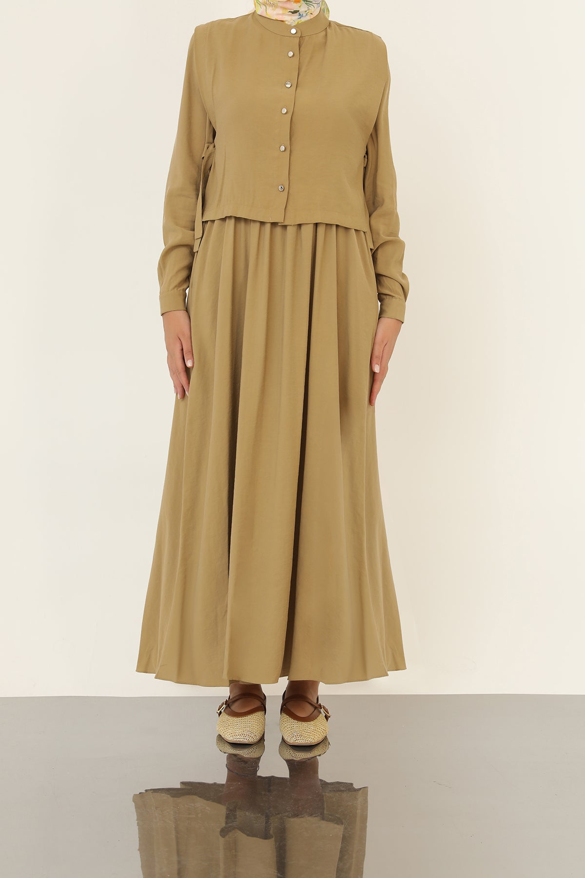 Kadın Minimal Düğmeli Kuşaklı Uzun Kollu Maxi Elbise-20691ELB OLIVE