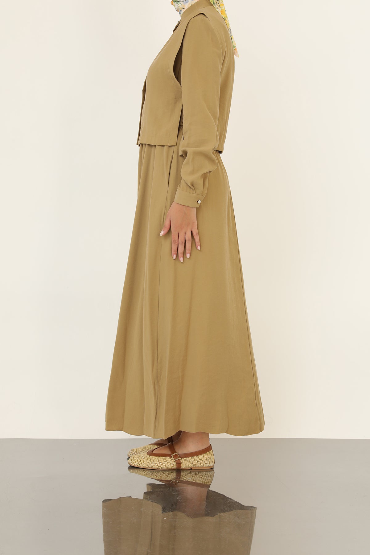 Kadın Minimal Düğmeli Kuşaklı Uzun Kollu Maxi Elbise-20691ELB OLIVE