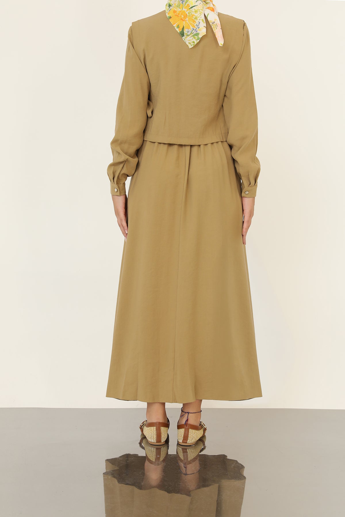 Kadın Minimal Düğmeli Kuşaklı Uzun Kollu Maxi Elbise-20691ELB OLIVE