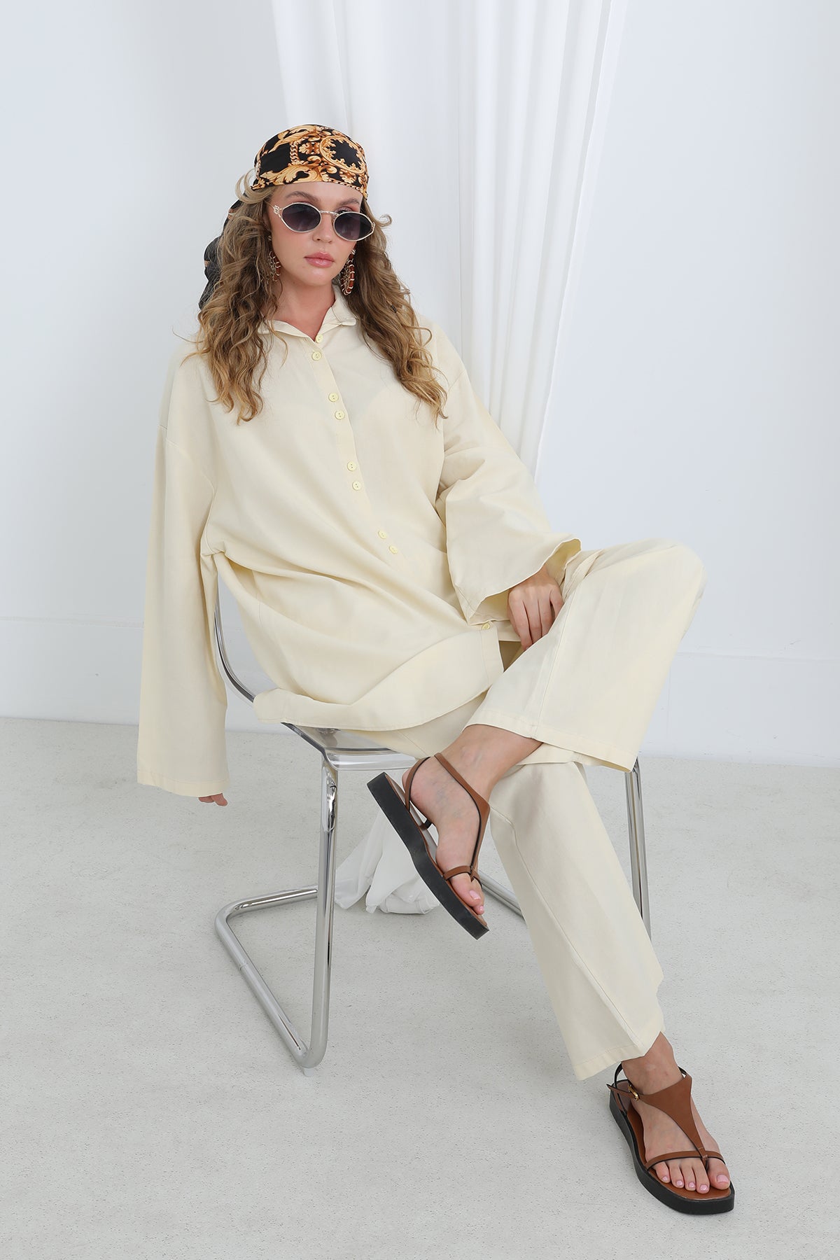 Kadın Düğme Detaylı Oversize Gömlekli Takım-20694TKS BEIGE