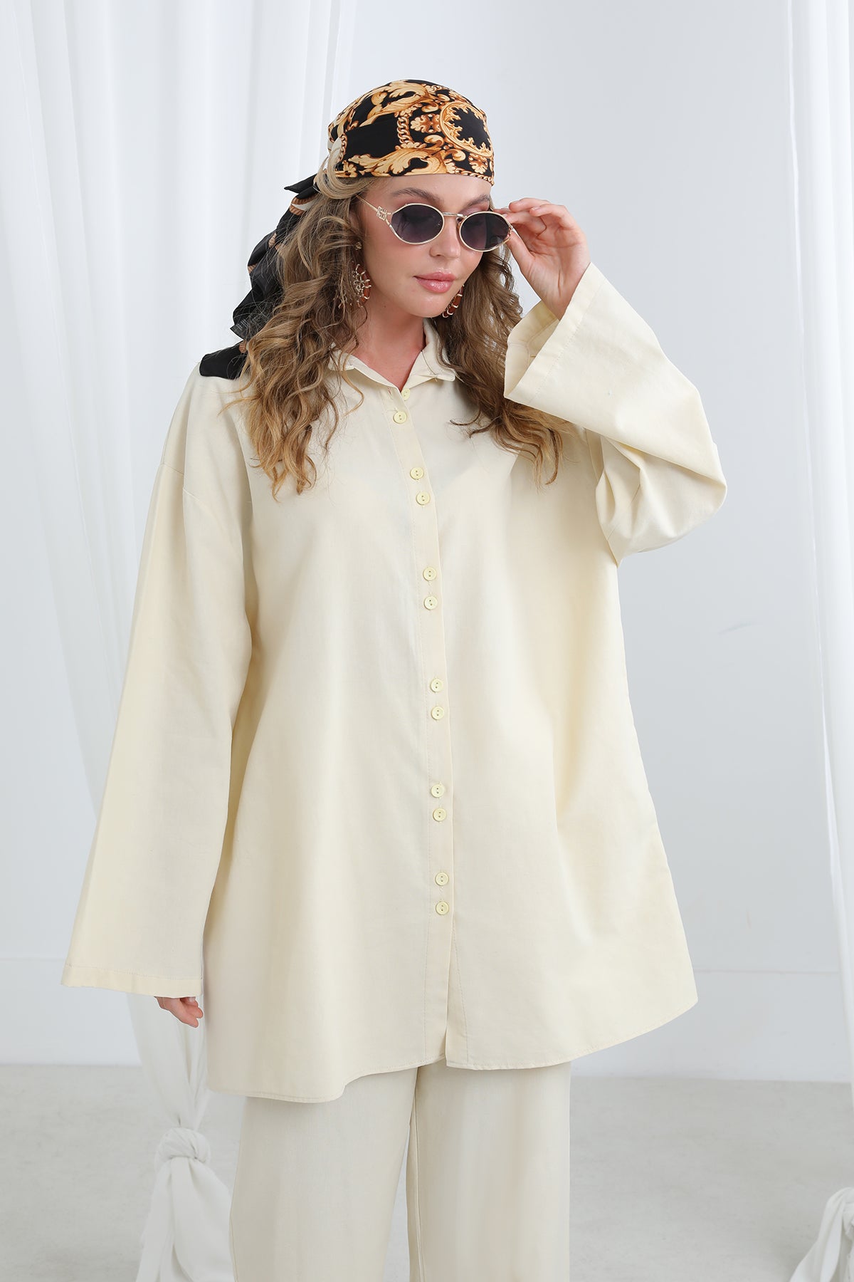 Kadın Düğme Detaylı Oversize Gömlekli Takım-20694TKS BEIGE