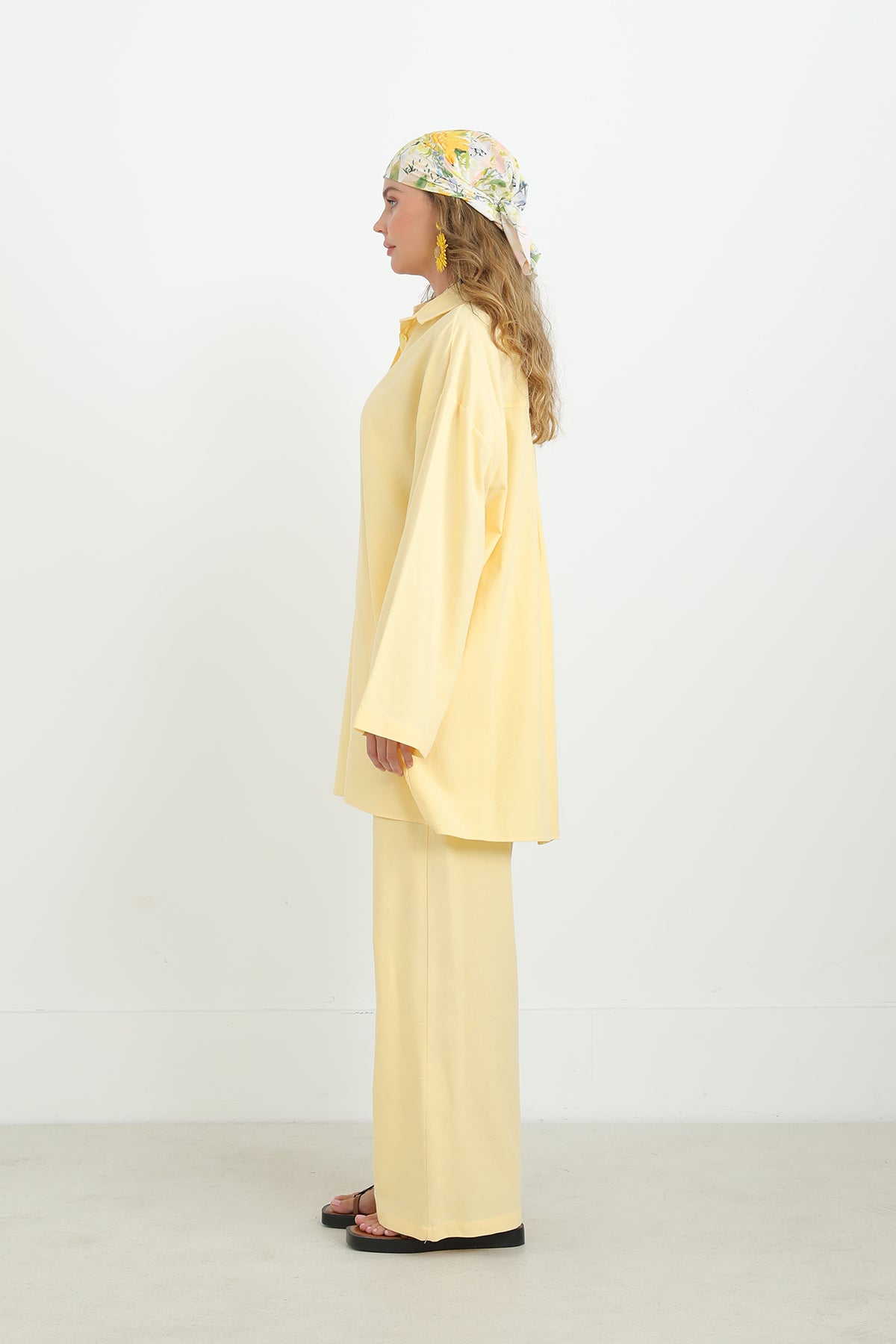 Kadın Düğme Detaylı Oversize Gömlekli Takım-20694TKS YELLOW