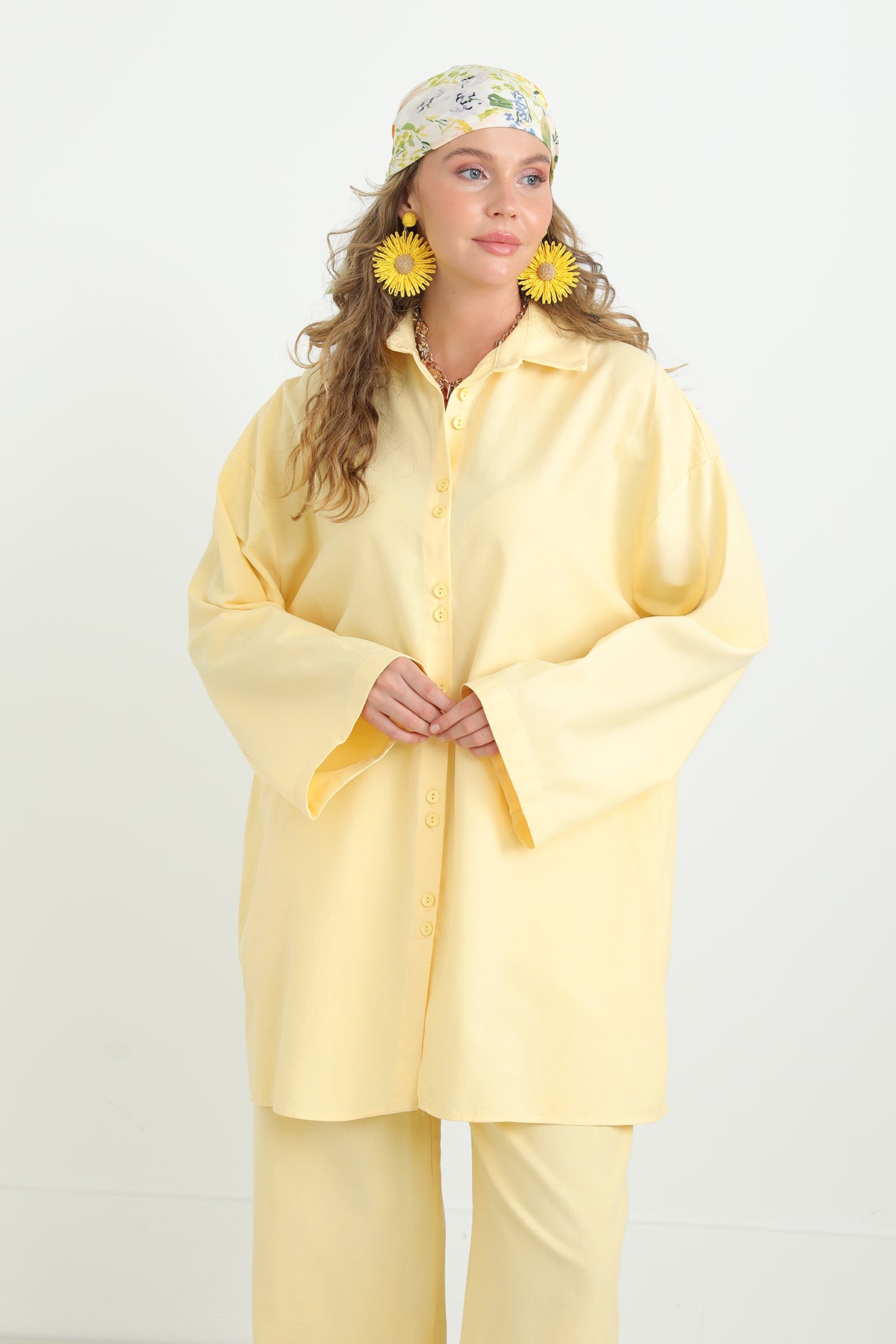 Kadın Düğme Detaylı Oversize Gömlekli Takım-20694TKS YELLOW