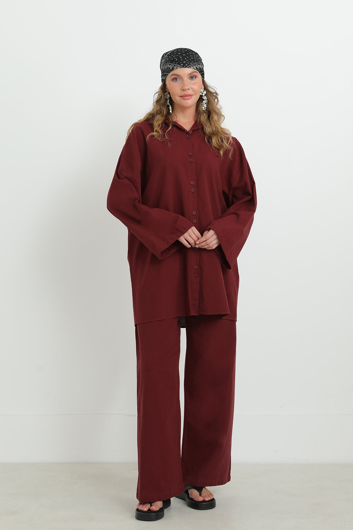 Kadın Düğme Detaylı Oversize Gömlekli Takım-20694TKS BURGUNDY