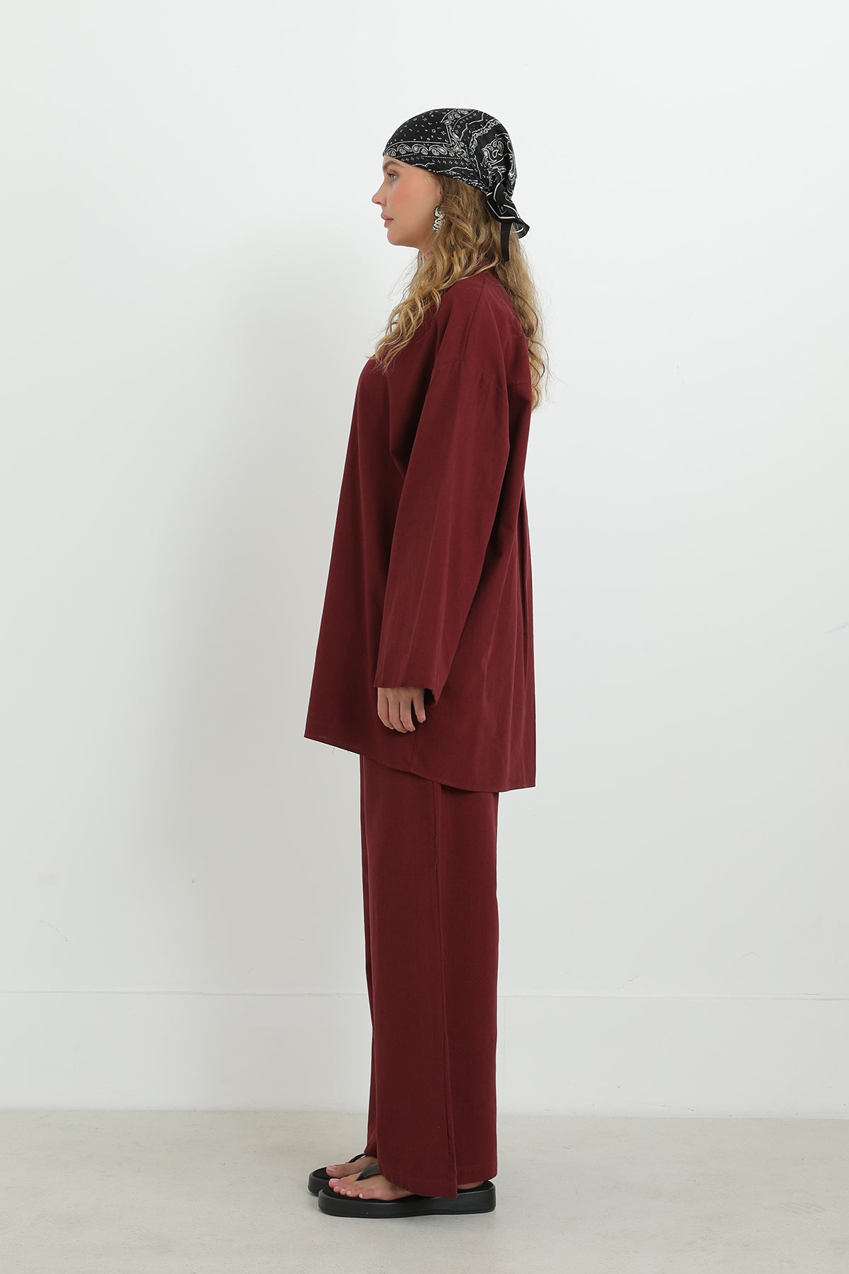 Kadın Düğme Detaylı Oversize Gömlekli Takım-20694TKS BURGUNDY