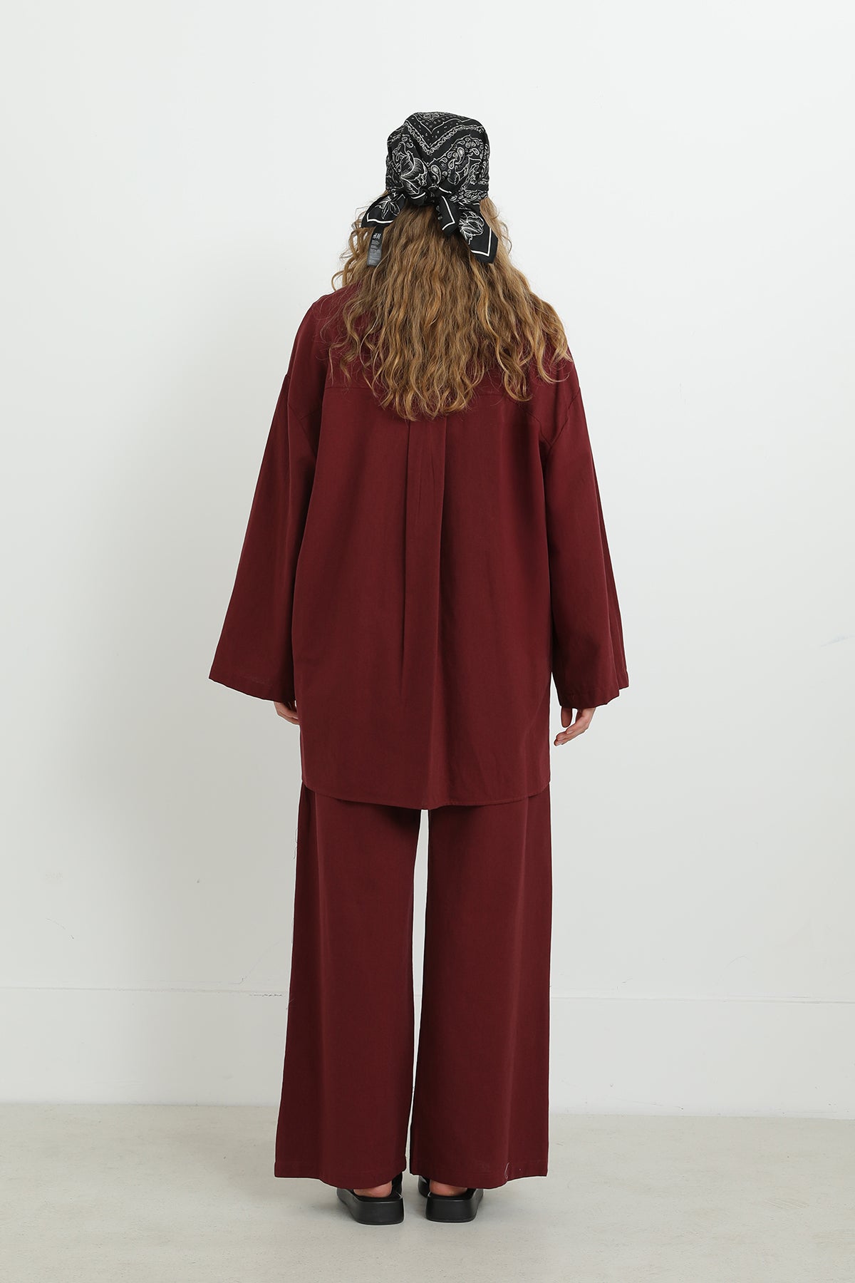 Kadın Düğme Detaylı Oversize Gömlekli Takım-20694TKS BURGUNDY