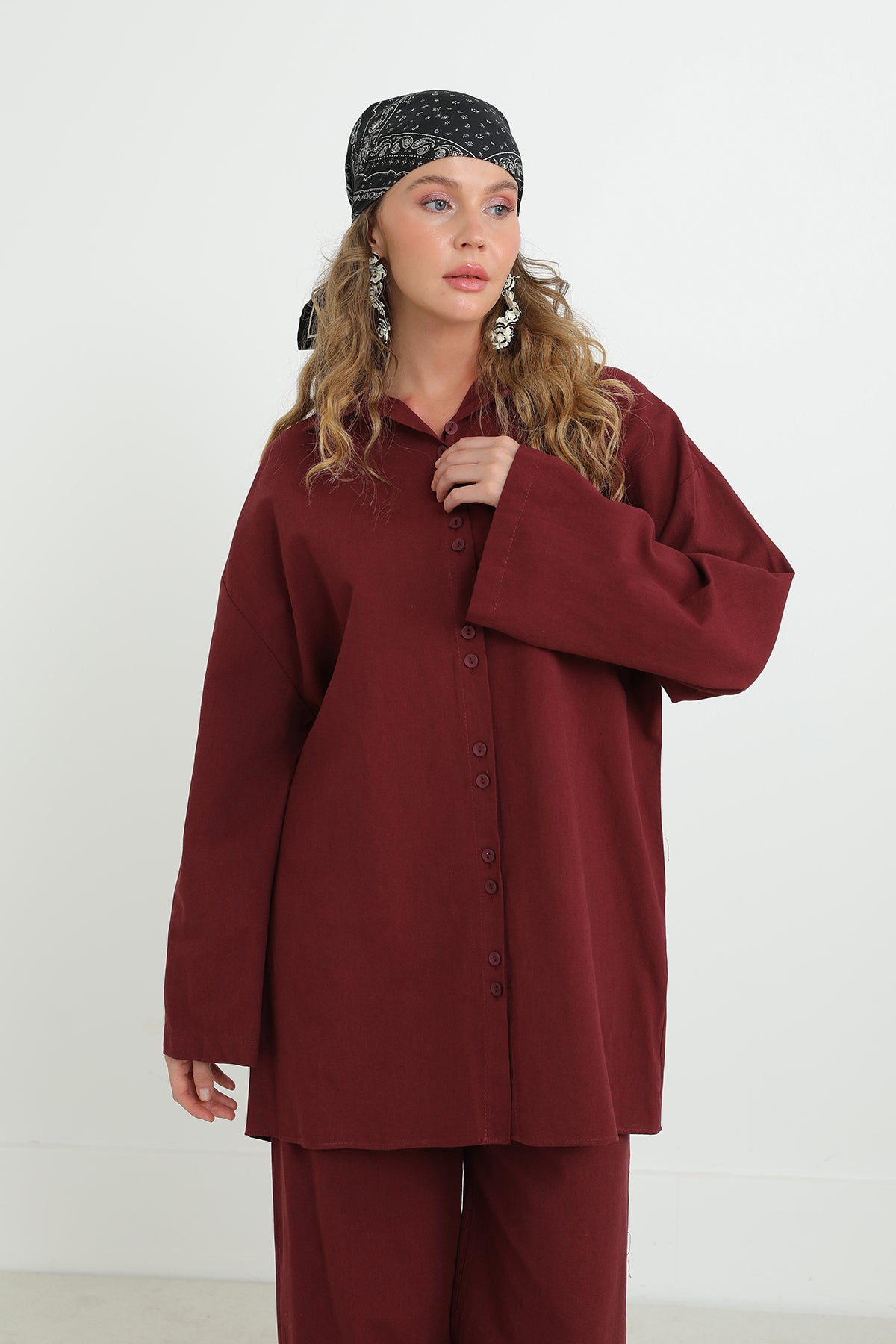 Kadın Düğme Detaylı Oversize Gömlekli Takım-20694TKS BURGUNDY