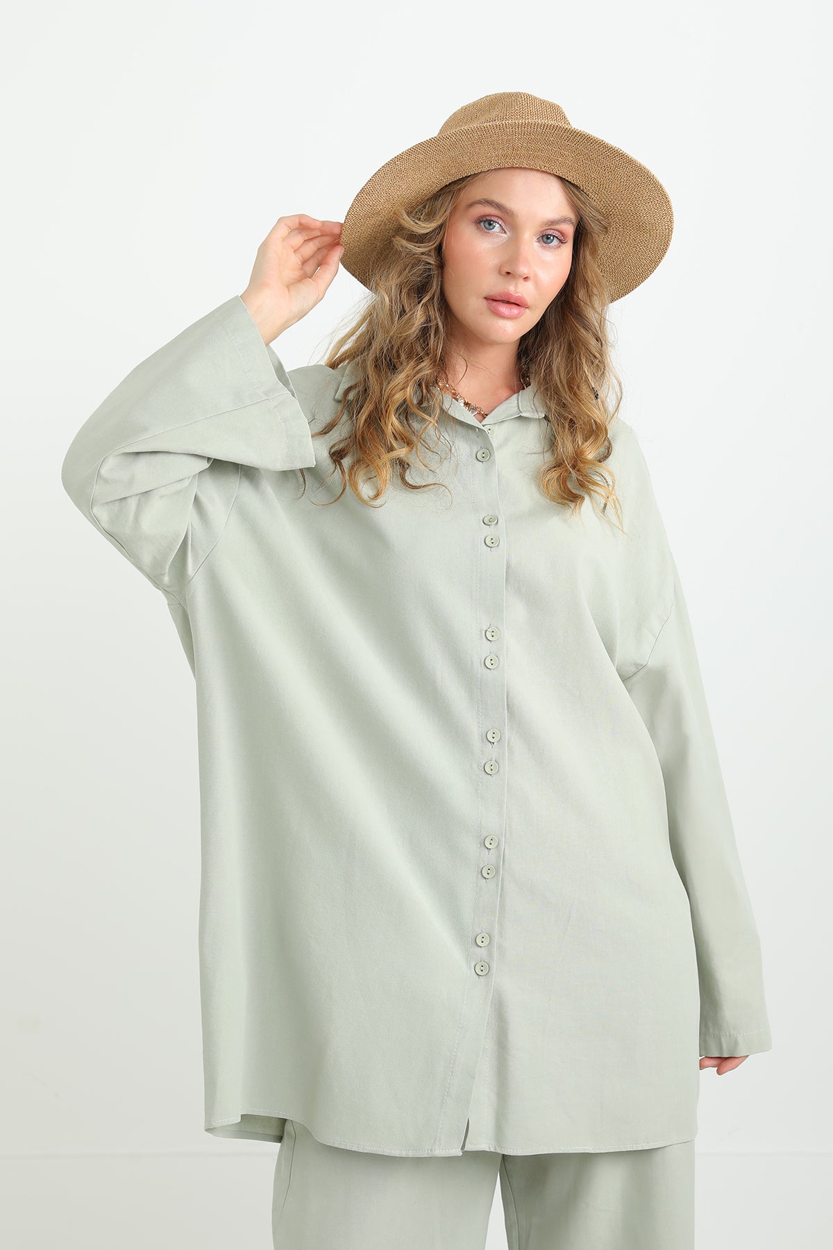 Kadın Düğme Detaylı Oversize Gömlekli Takım-20694TKS MINT