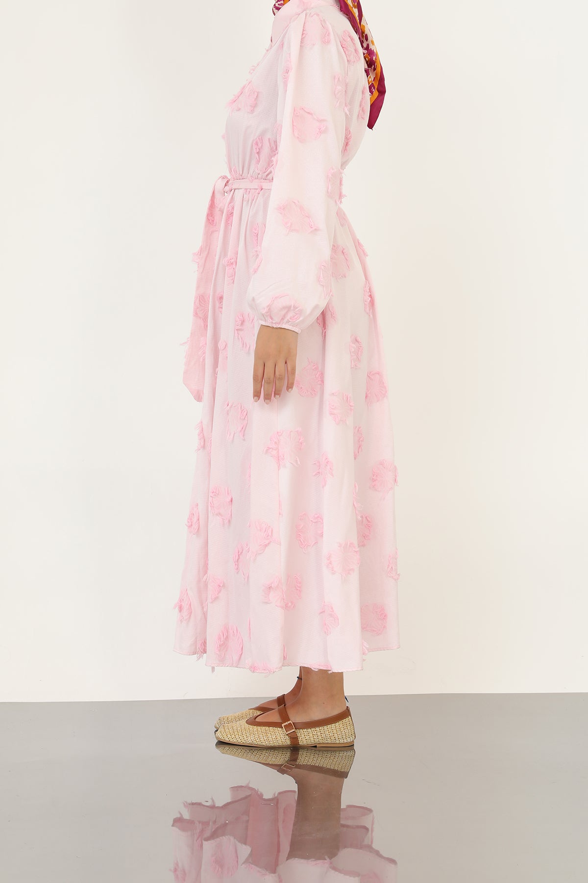 Kadın 3D Çiçek Desenli Kuşaklı Maxi Elbise -20695ELB PINK