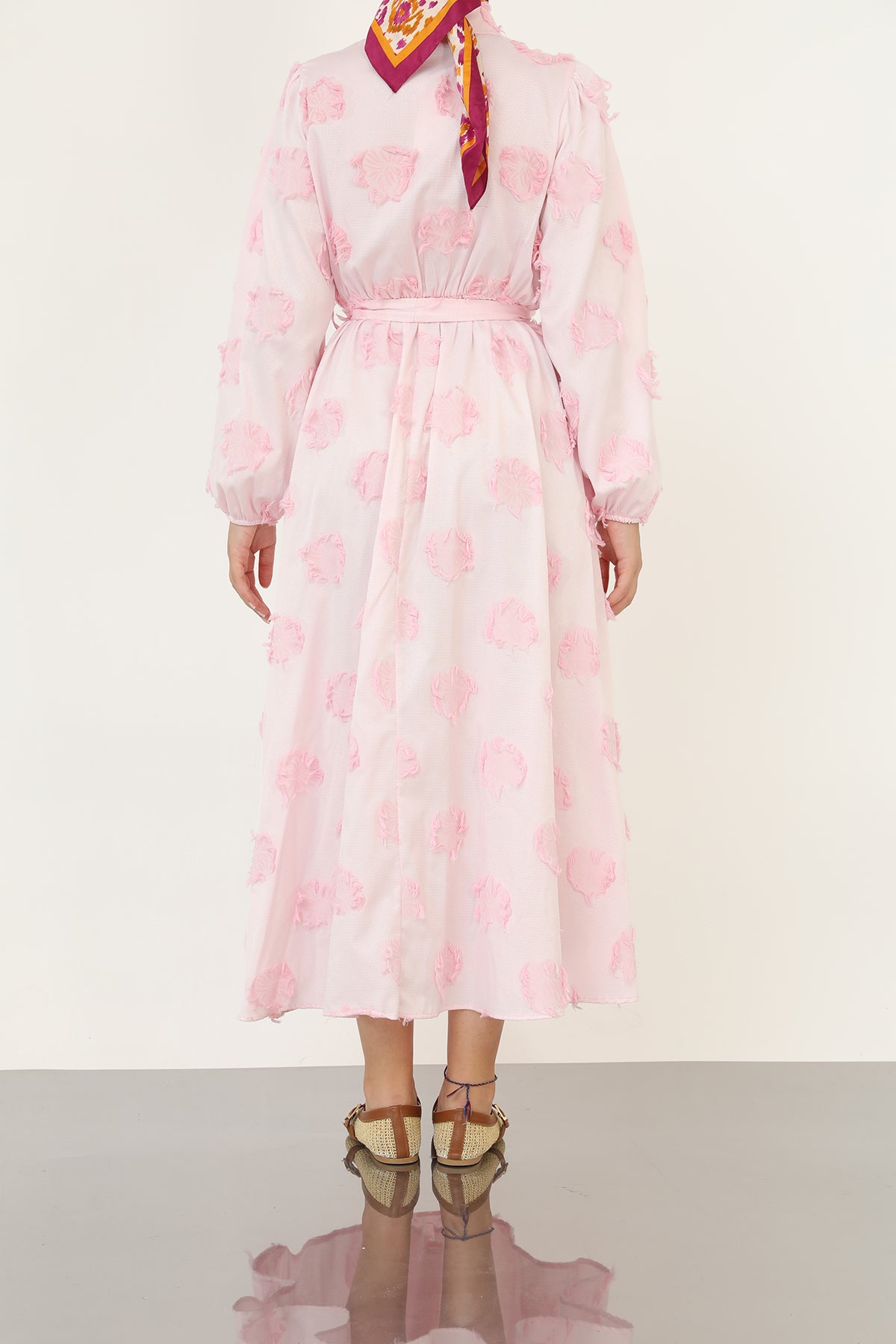 Kadın 3D Çiçek Desenli Kuşaklı Maxi Elbise -20695ELB PINK