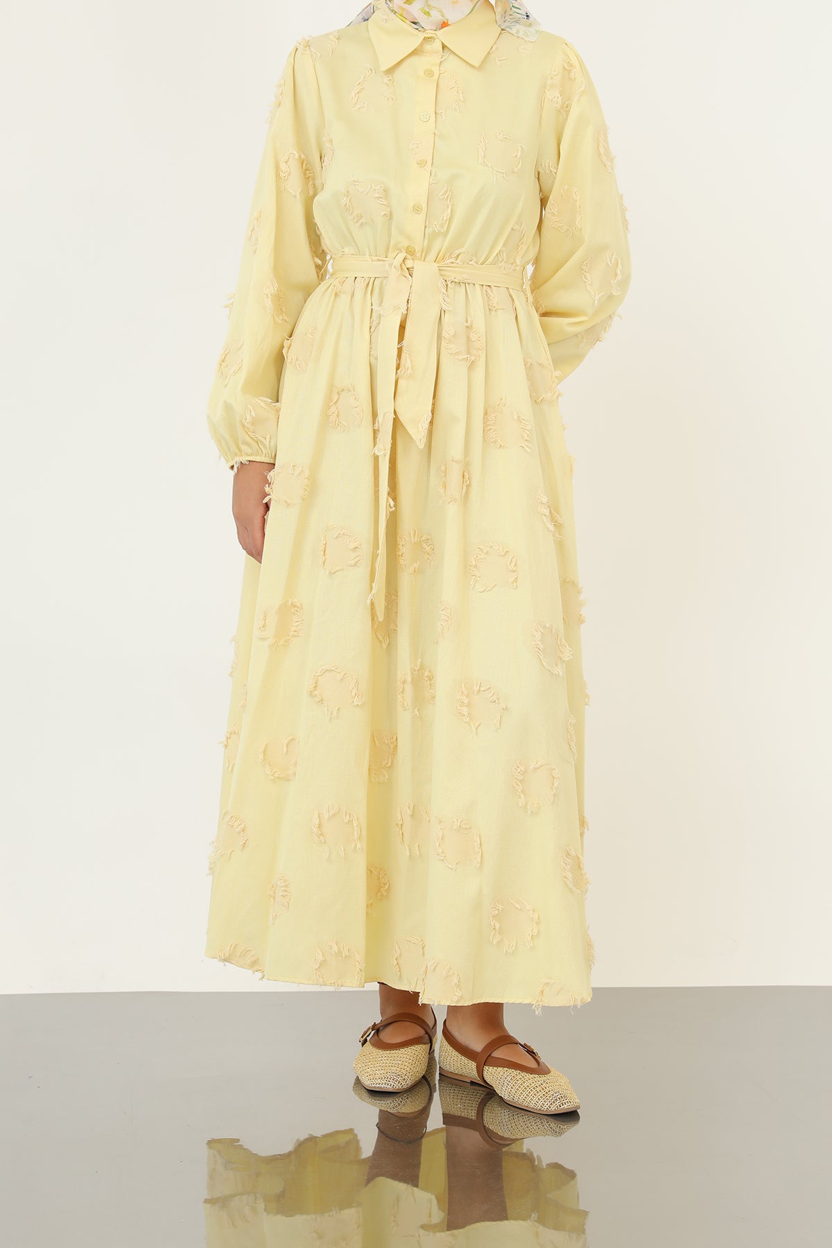 Kadın 3D Çiçek Desenli Kuşaklı Maxi Elbise -20695ELB YELLOW