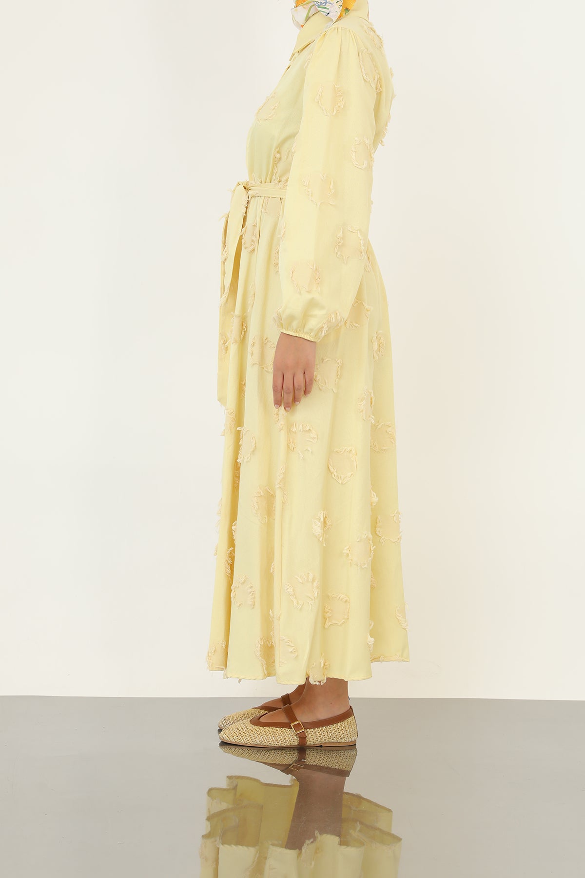 Kadın 3D Çiçek Desenli Kuşaklı Maxi Elbise -20695ELB YELLOW
