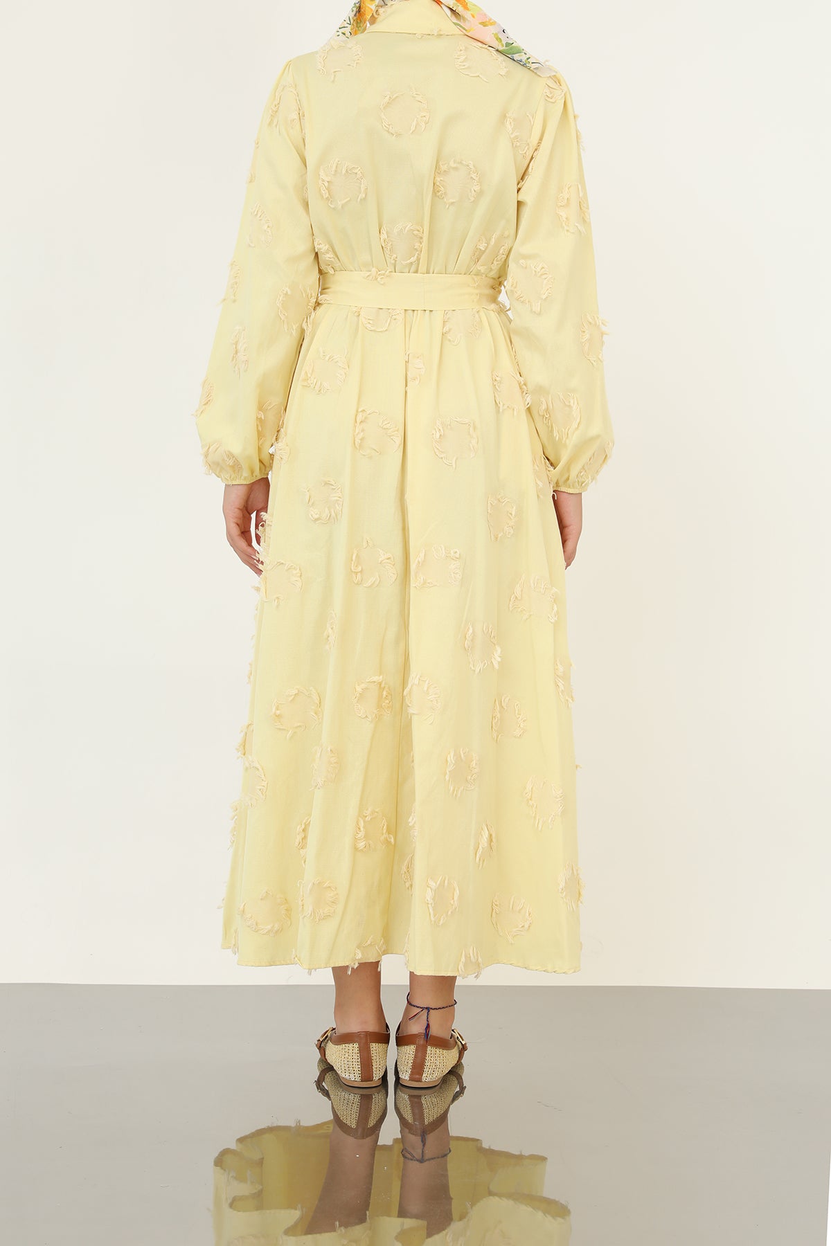 Kadın 3D Çiçek Desenli Kuşaklı Maxi Elbise -20695ELB YELLOW