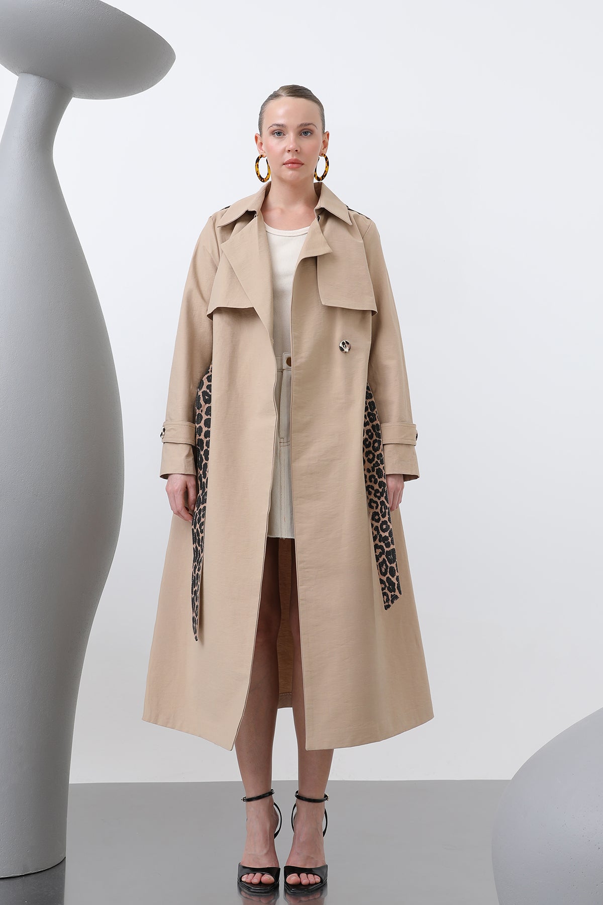 Kadın Leopar Garnili Trench - 32113TRC CAMEL