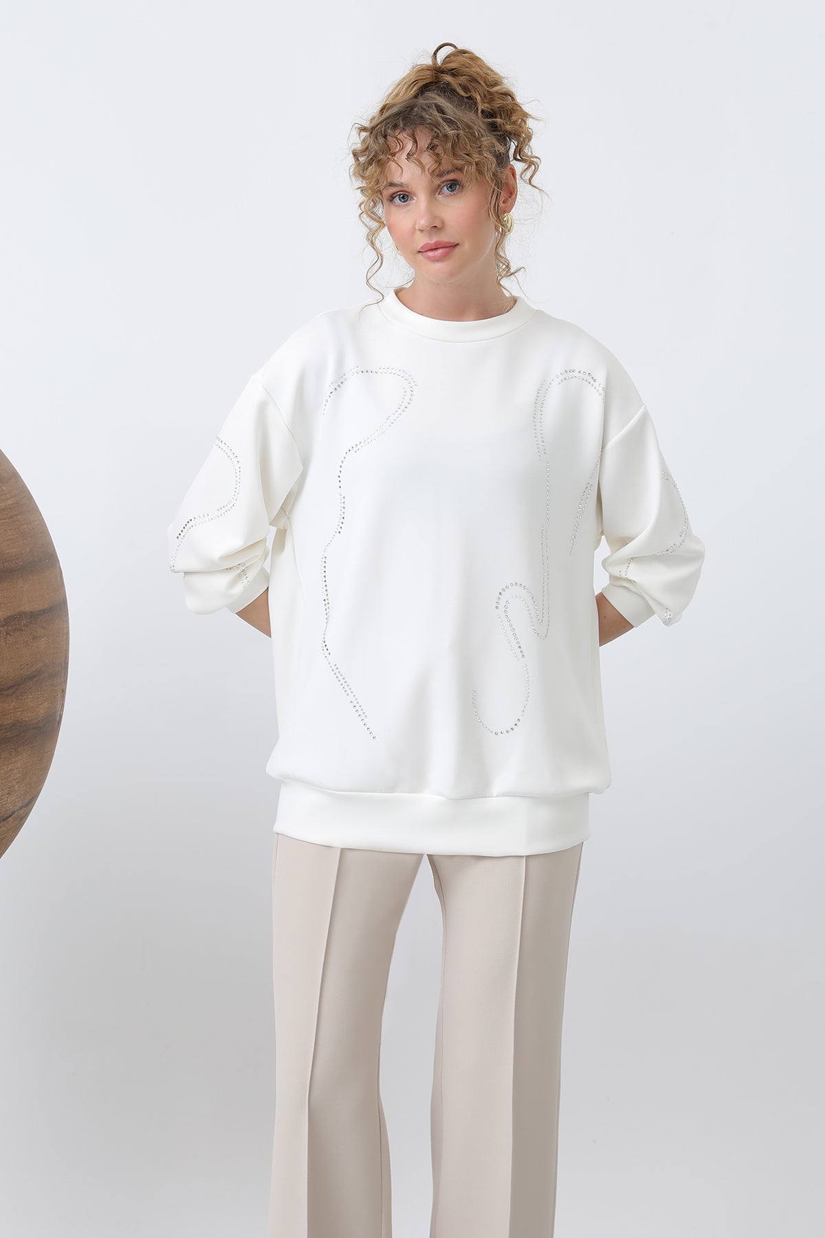 Kadın Taşlı Basic Sweat -32117SWT ECRU