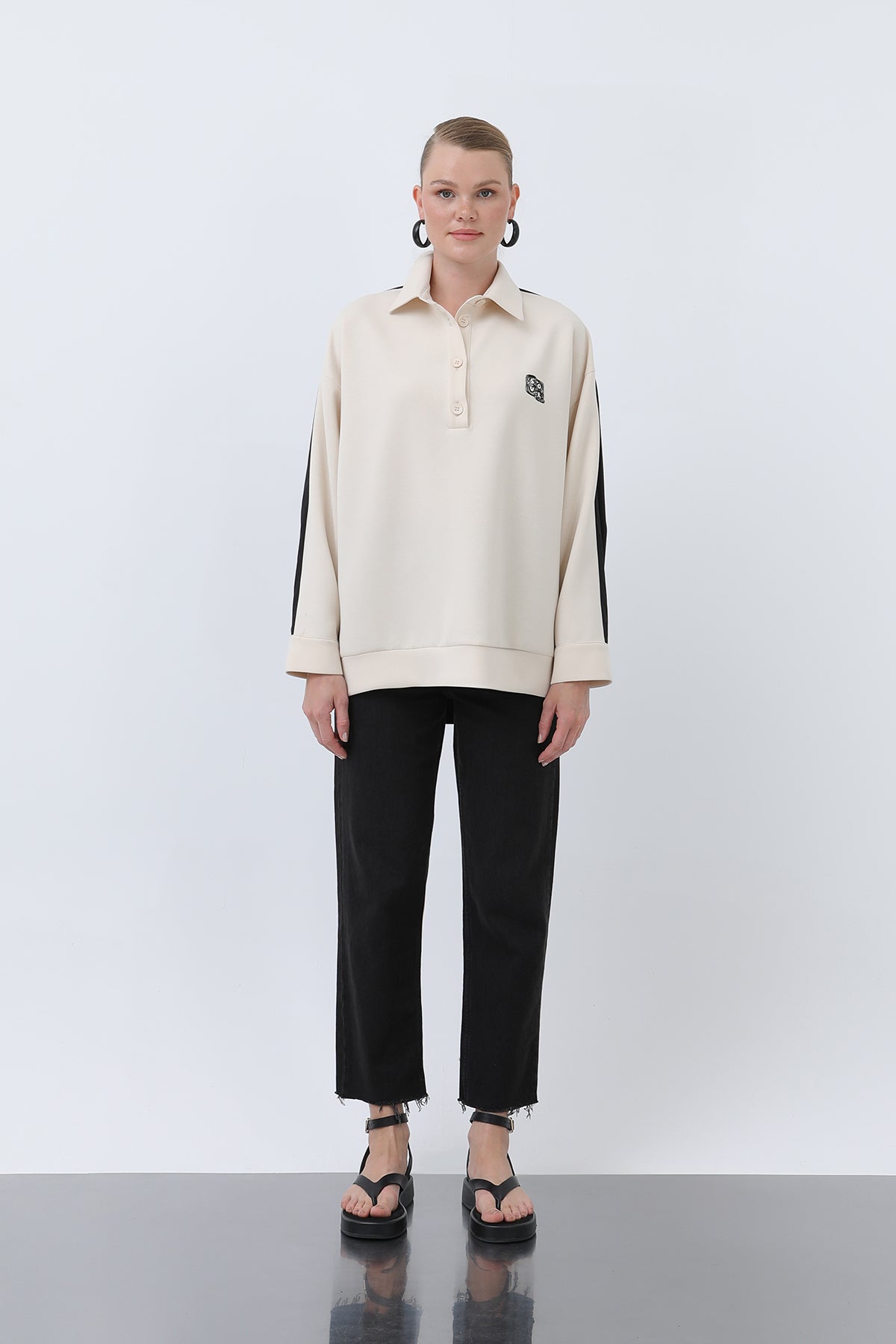 Kadın Önü Nakış Arkası Paraşüt Gömlek -32120GML BLACK-BEIGE